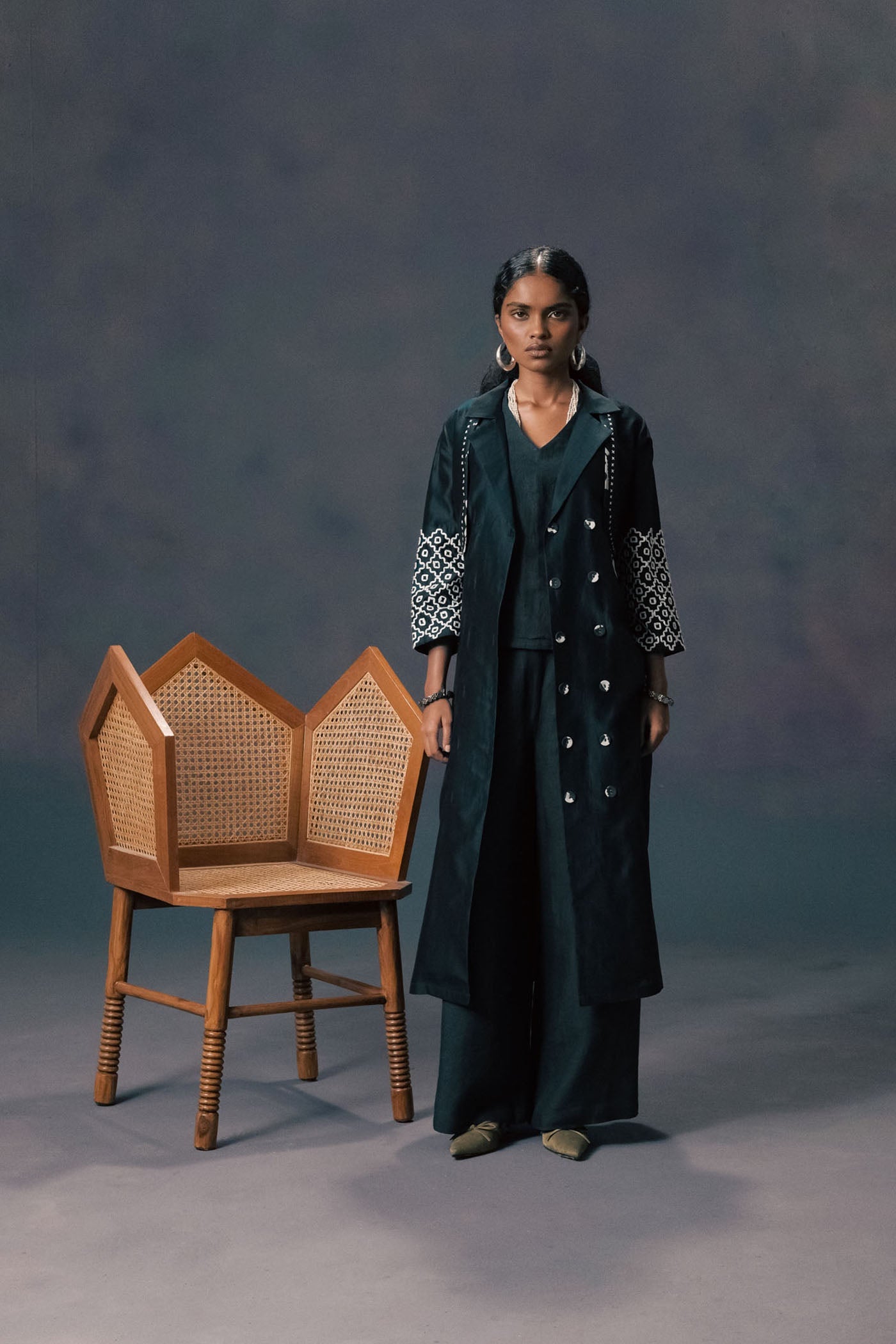 Luxurious Indigo Silk Chanderi Embroidered Jacket with Linen Flared Pants Set