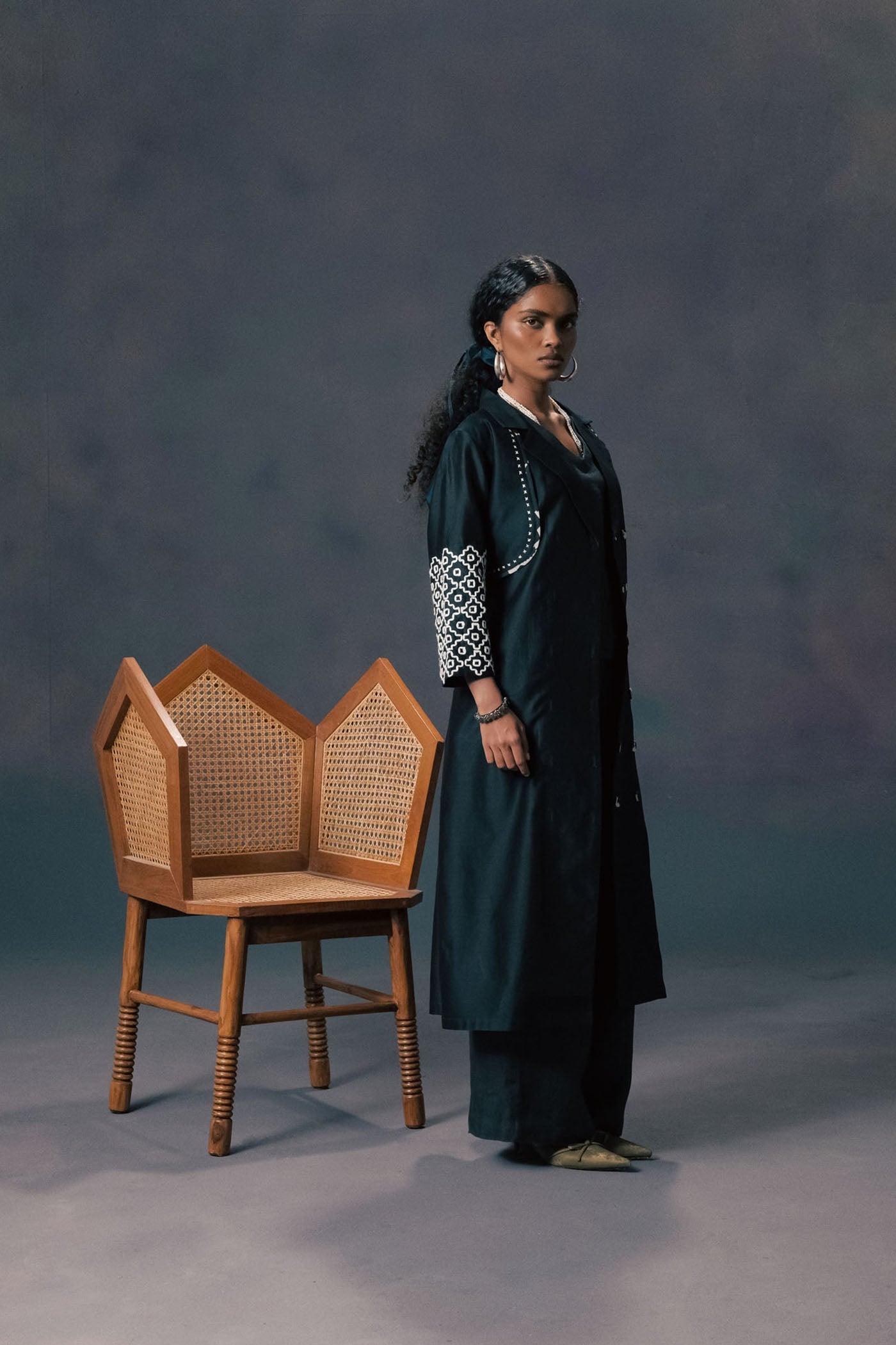 Luxurious Indigo Silk Chanderi Embroidered Jacket with Linen Flared Pants Set