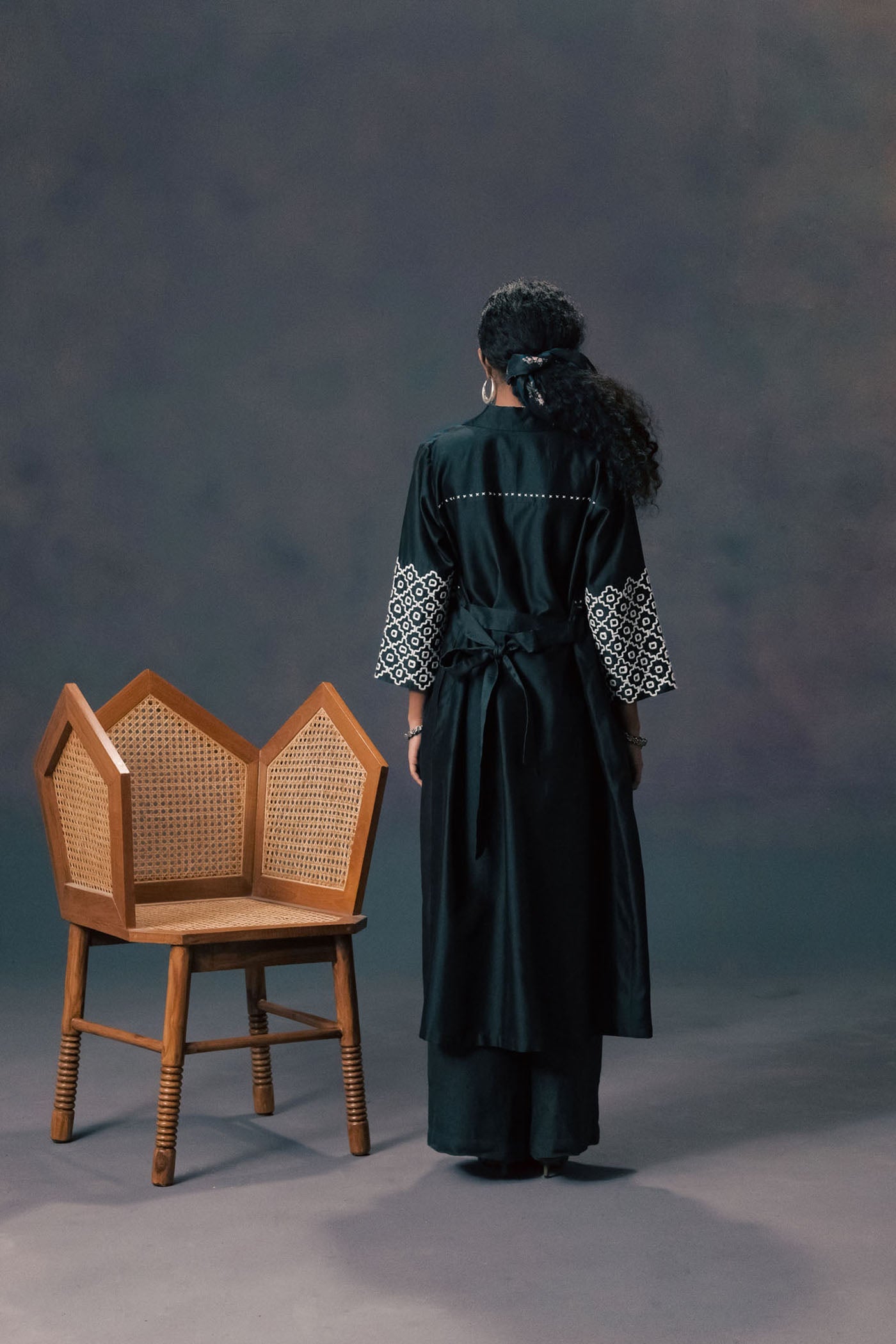 Luxurious Indigo Silk Chanderi Embroidered Jacket with Linen Flared Pants Set