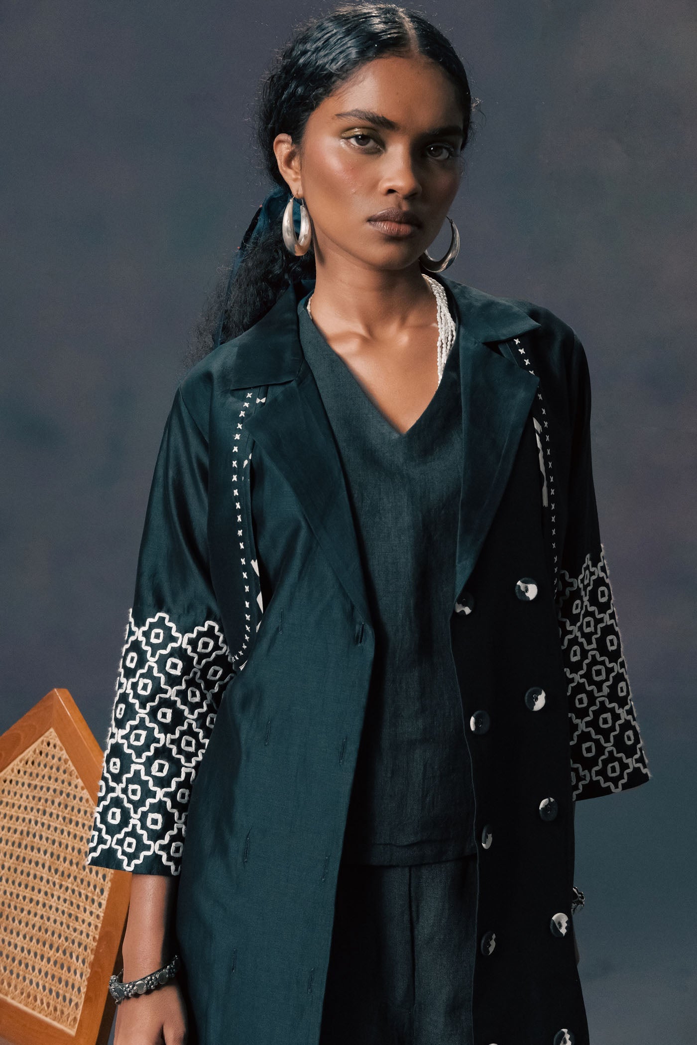 Luxurious Indigo Silk Chanderi Embroidered Jacket with Linen Flared Pants Set