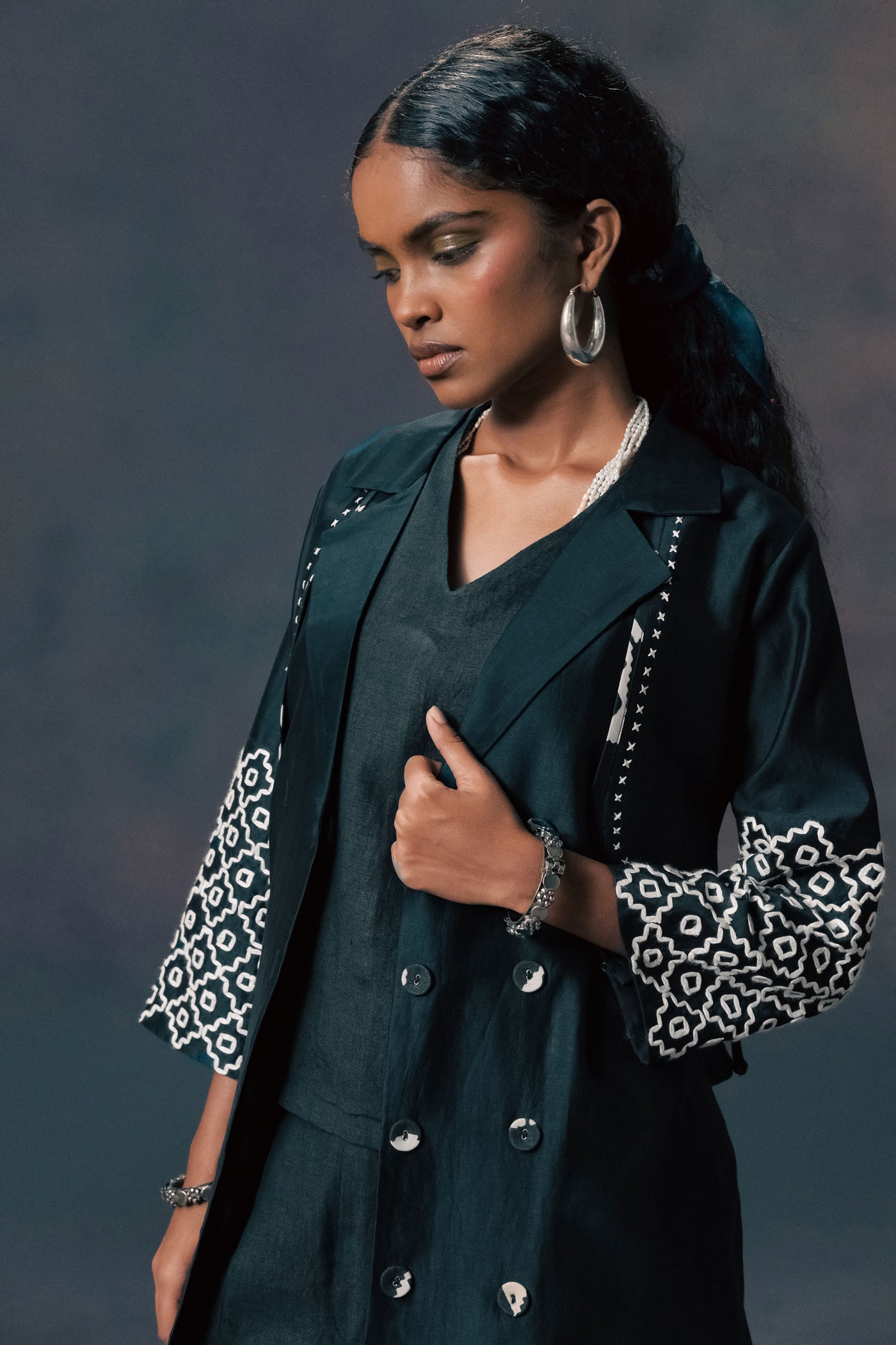 Luxurious Indigo Silk Chanderi Embroidered Jacket with Linen Flared Pants Set