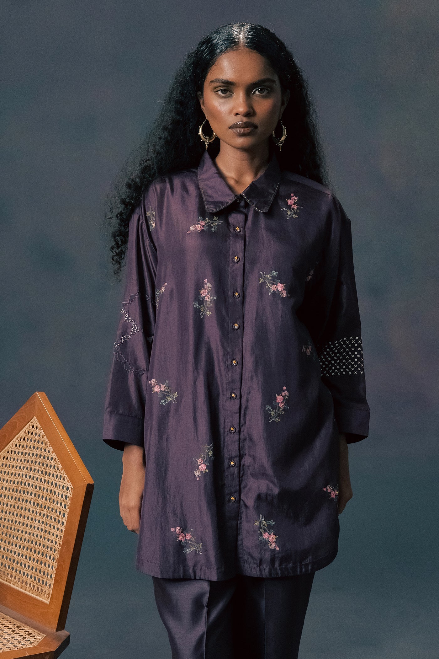 Elegant Lavender Rose Print Mulberry Silk Shirt & Chanderi Pants Set