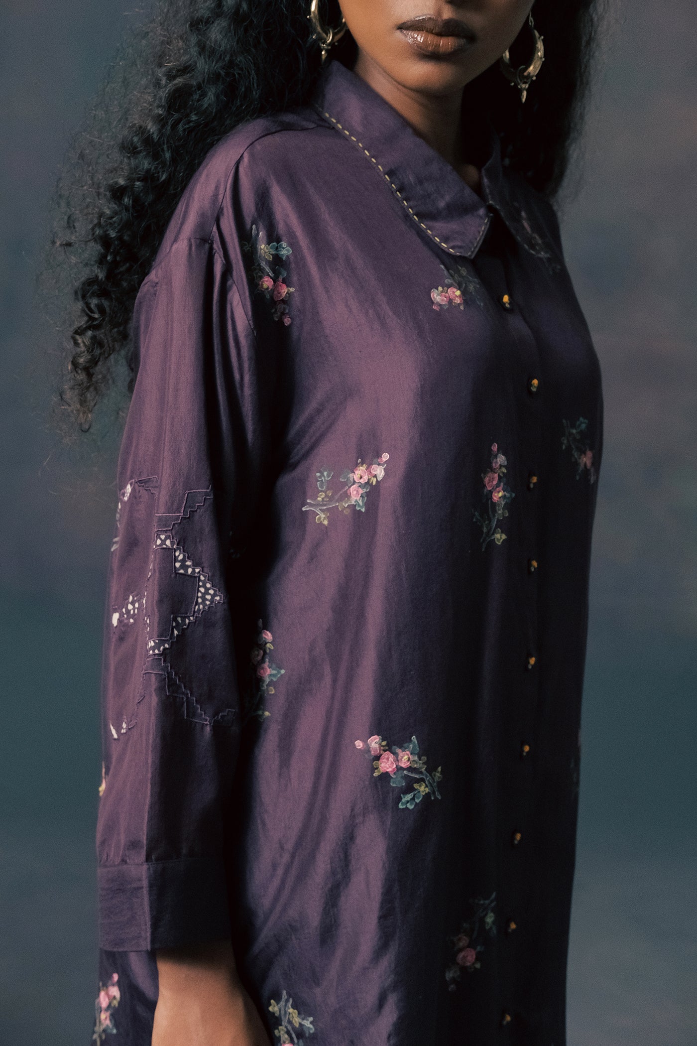 Elegant Lavender Rose Print Mulberry Silk Shirt & Chanderi Pants Set