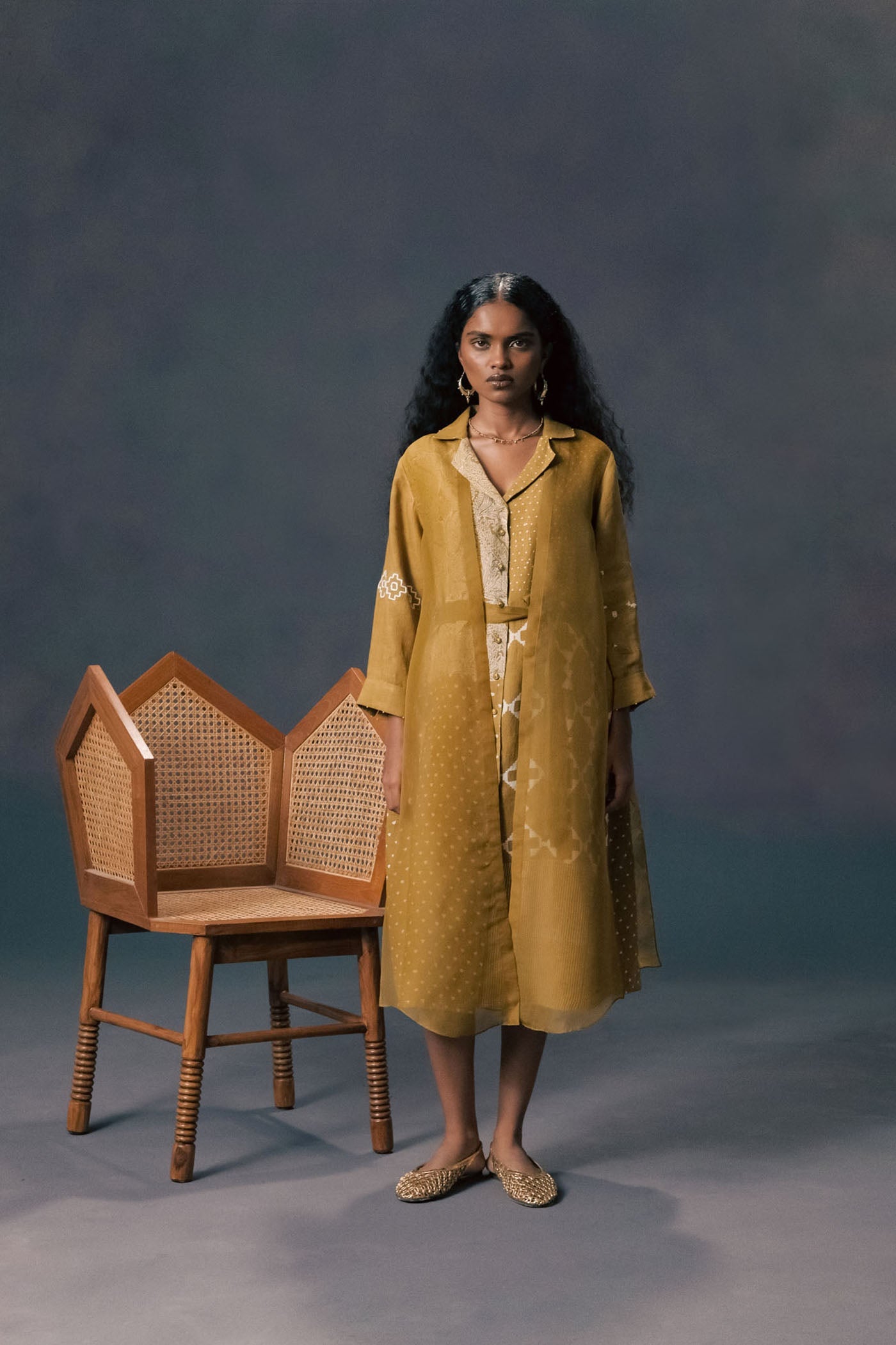 Stunning Moss Green Dual-Layer Linen Organza Dress with Embroidered Sleeves