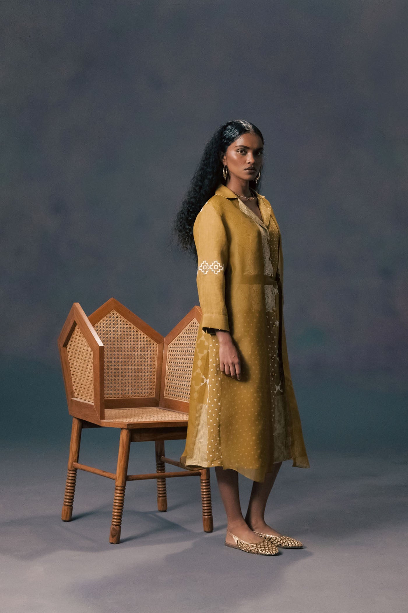 Stunning Moss Green Dual-Layer Linen Organza Dress with Embroidered Sleeves