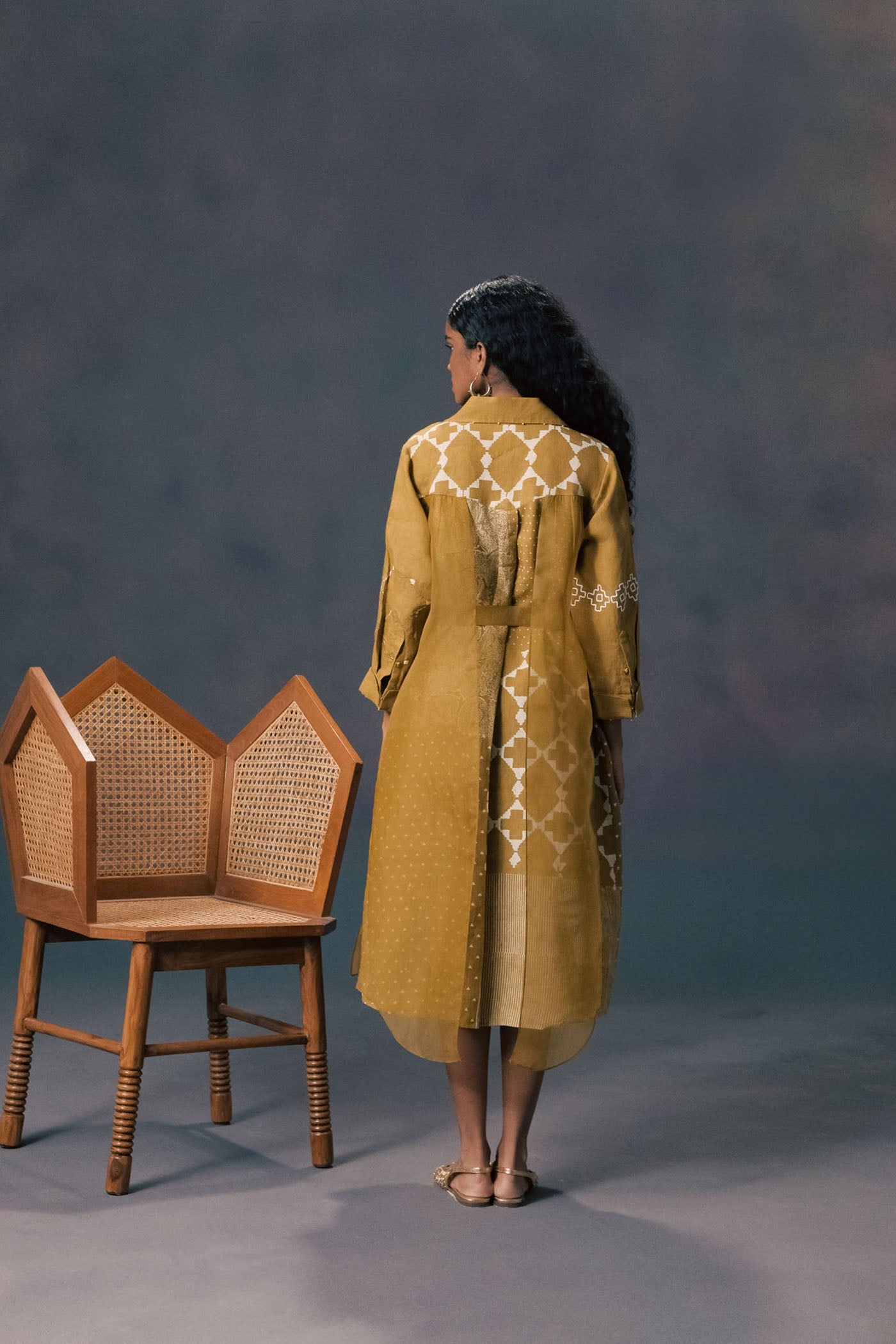 Stunning Moss Green Dual-Layer Linen Organza Dress with Embroidered Sleeves