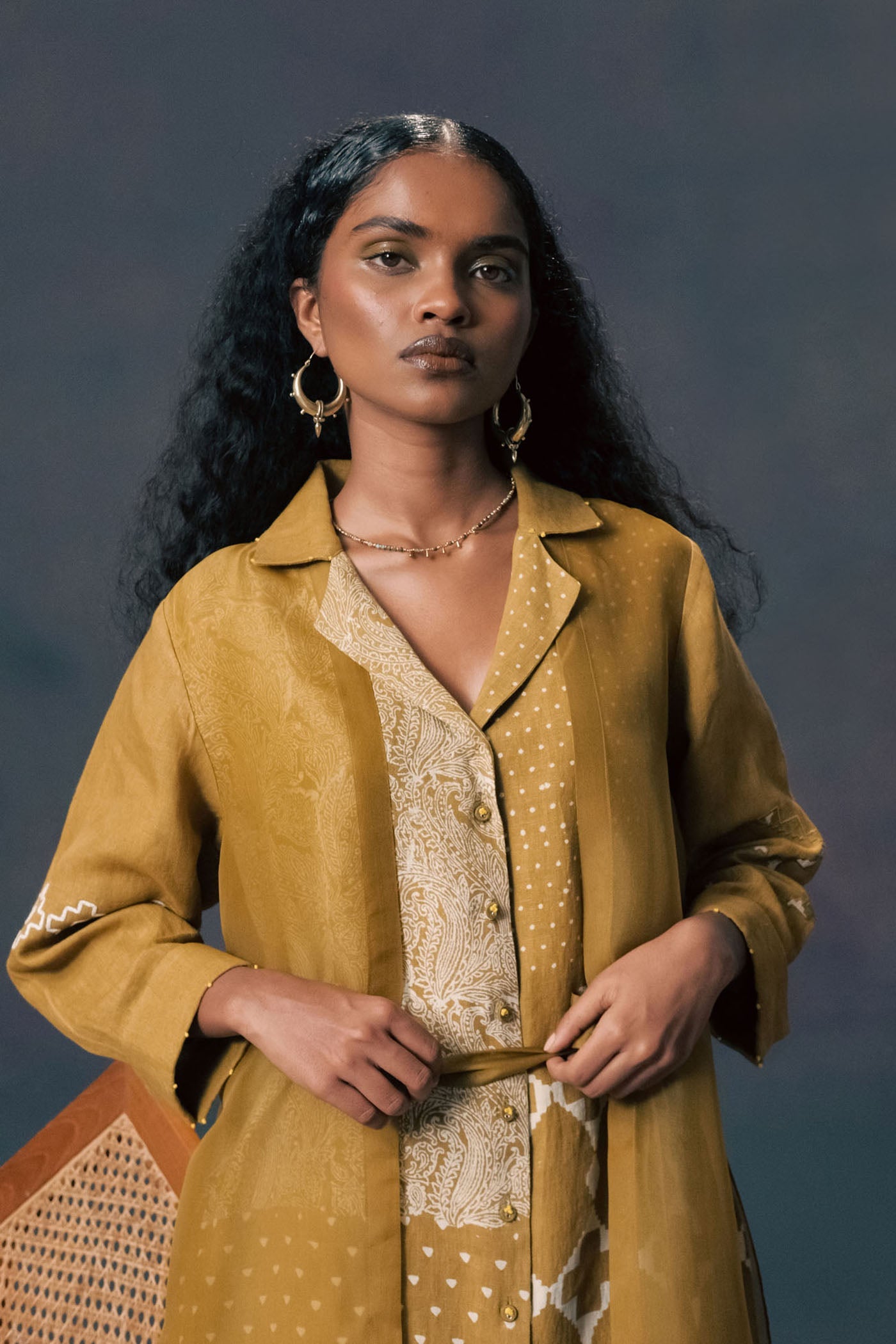 Stunning Moss Green Dual-Layer Linen Organza Dress with Embroidered Sleeves