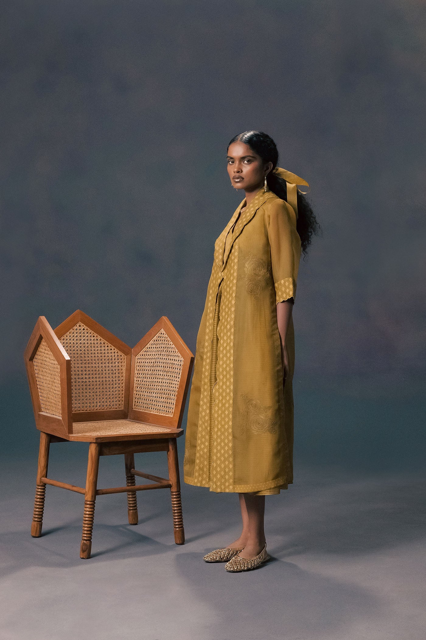 Elegant Moss Green Organza Embroidered Jacket & Striped Strap Dress Ensemble