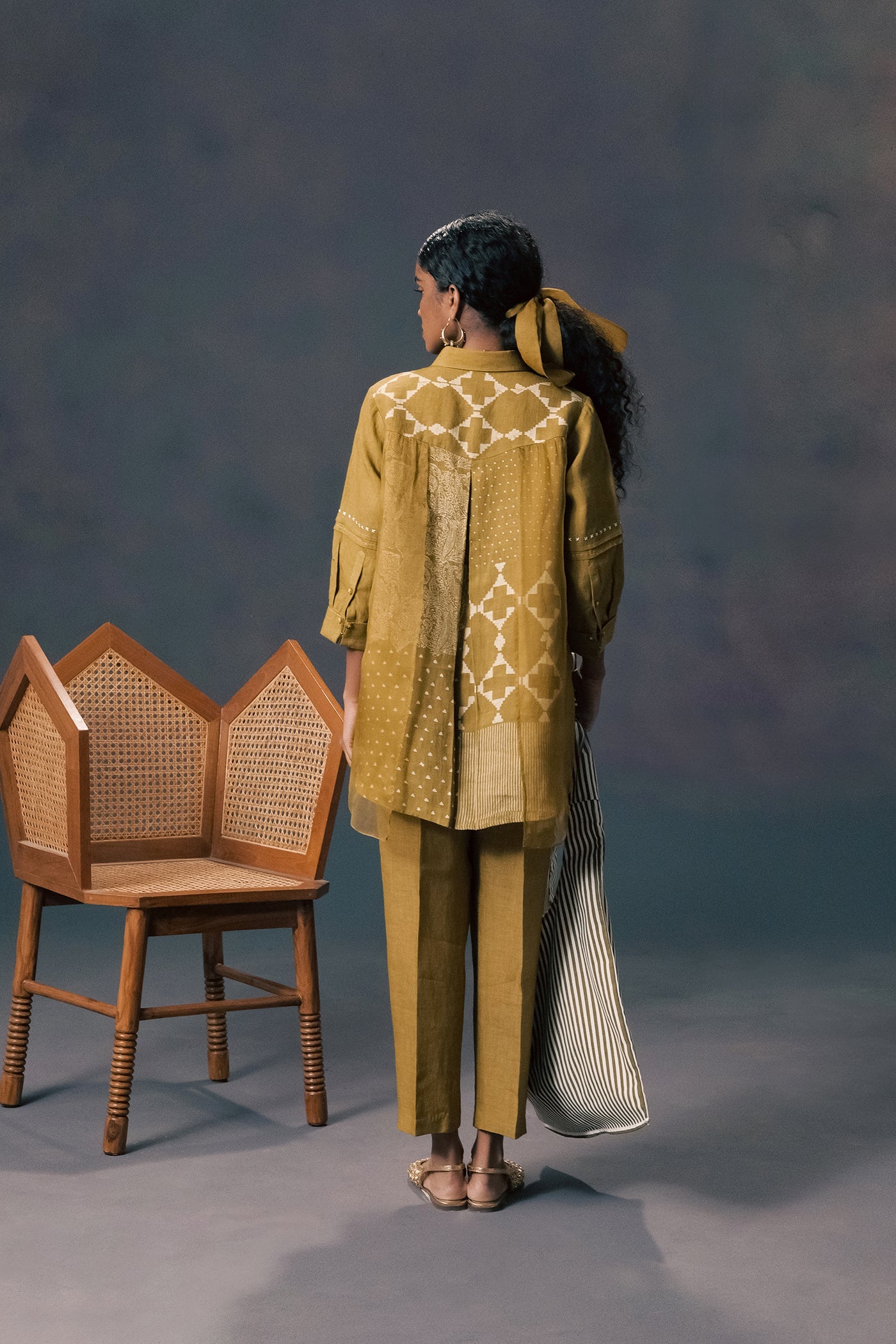 Chic Moss Green Linen Organza Double-Layer Print Shirt & Straight Pants Ensemble