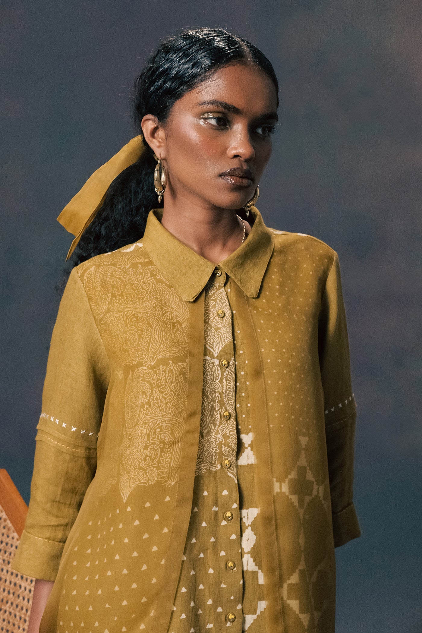 Chic Moss Green Linen Organza Double-Layer Print Shirt & Straight Pants Ensemble
