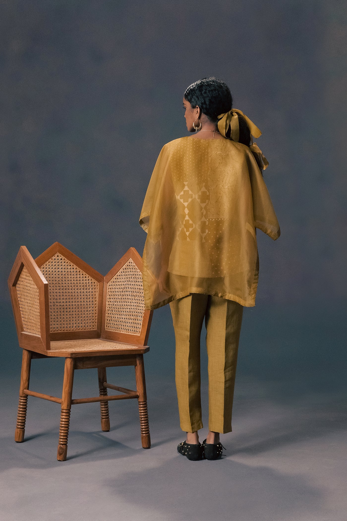 Elegant Moss Green Linen Organza Kaftan Shirt & Straight Pants Set