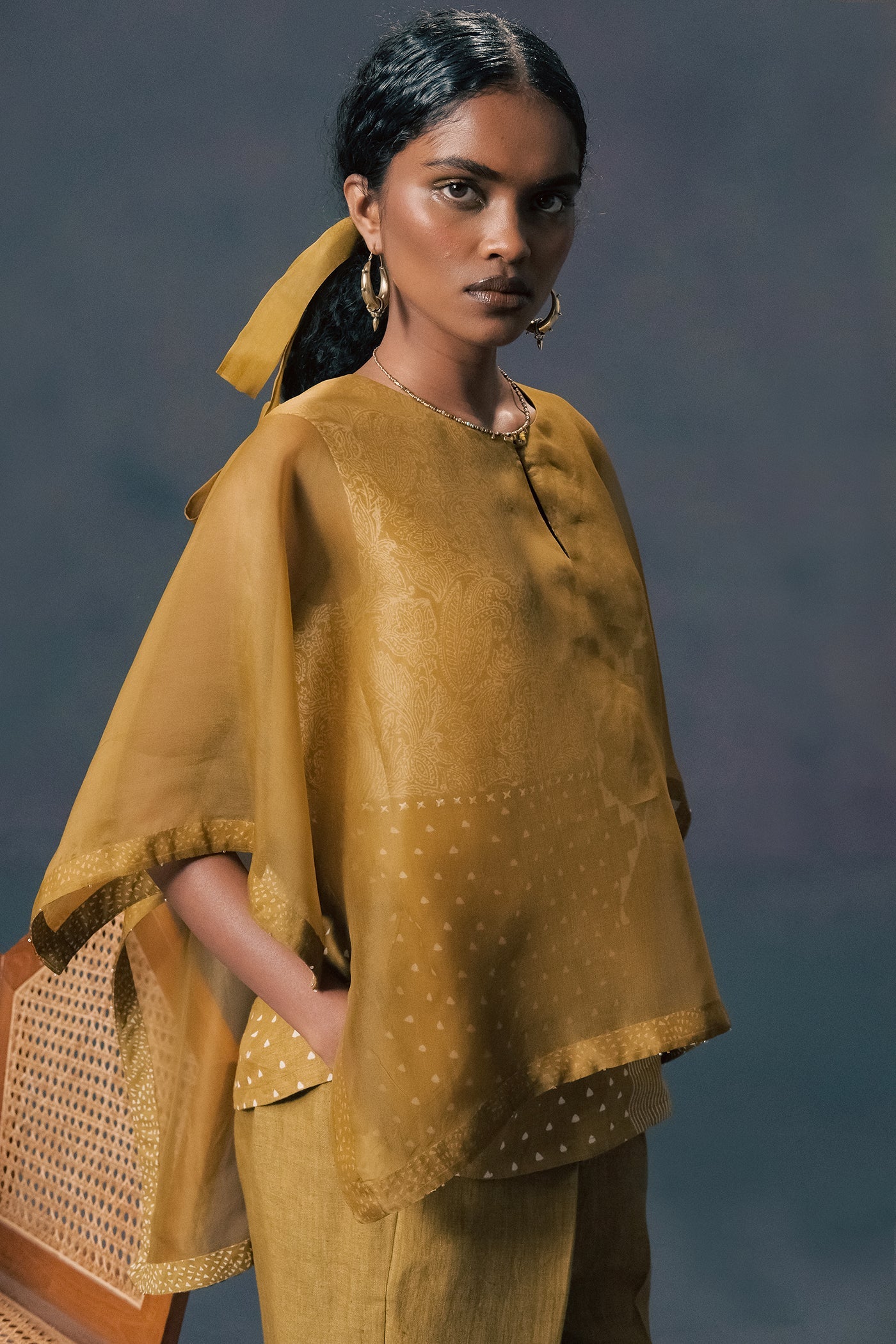 Elegant Moss Green Linen Organza Kaftan Shirt & Straight Pants Set