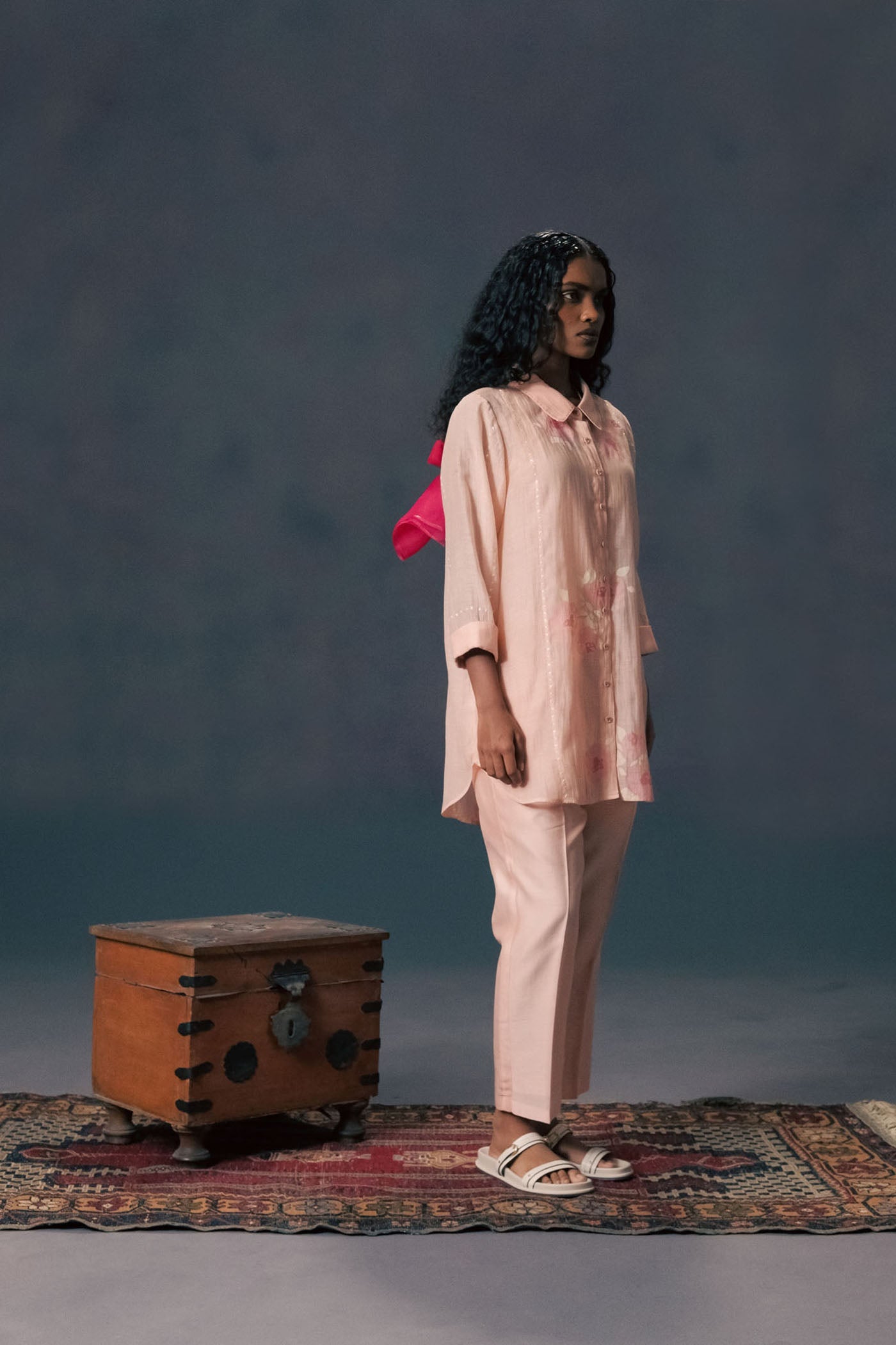 Exquisite Old Rose Mul Chanderi Embroidered Shirt & Silk Straight Pants Set