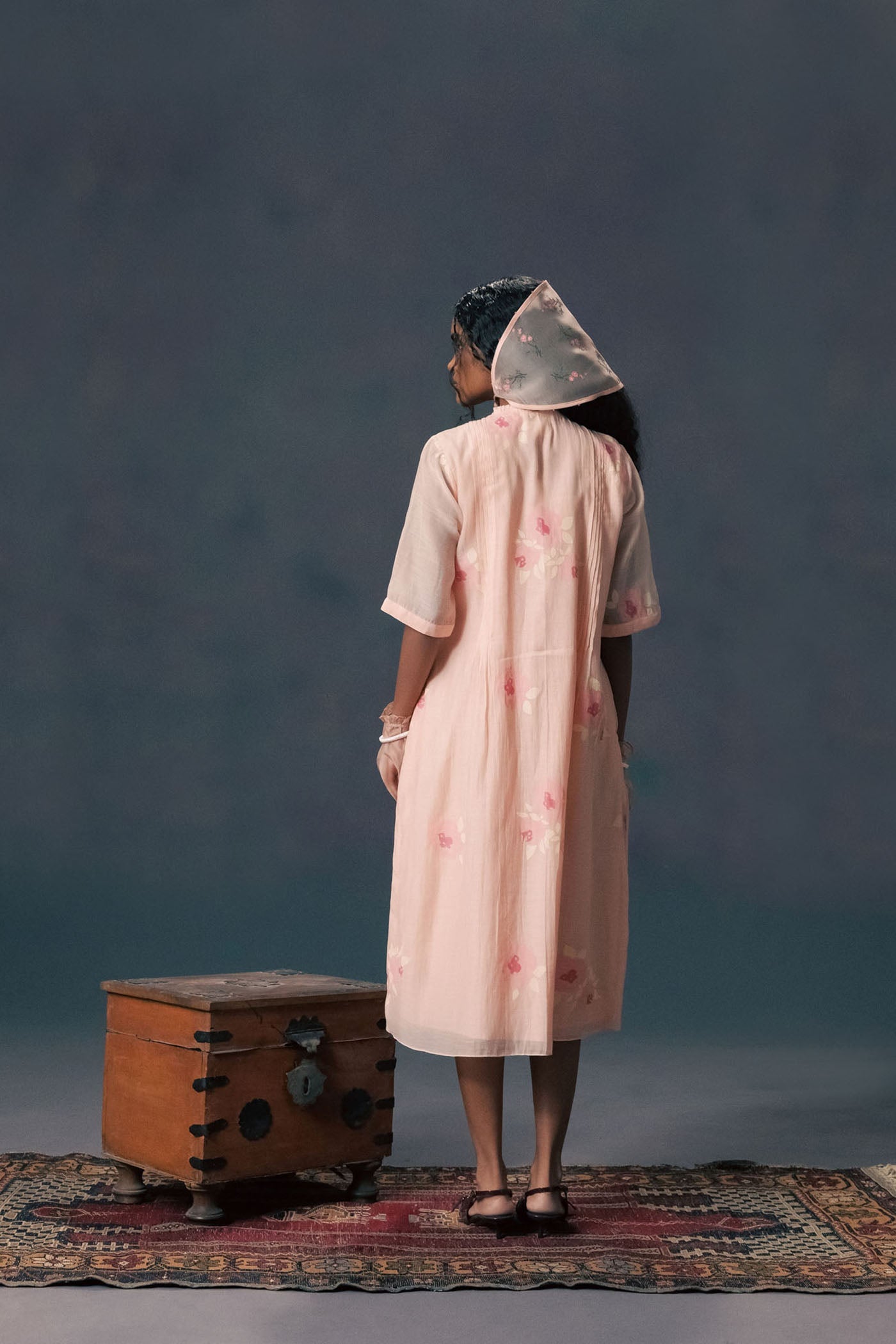 Charming Old Rose Mul Chanderi Pleated Dress with Artistic Screen Print