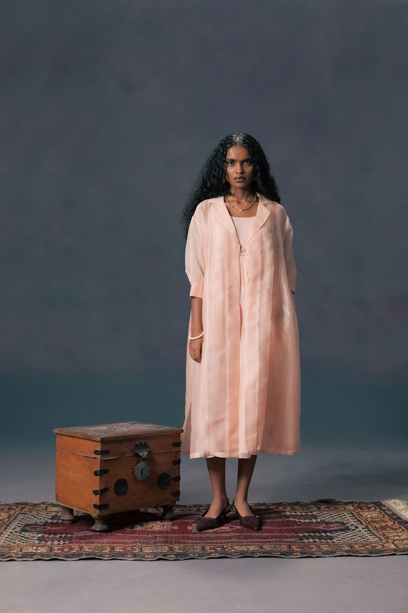 Exquisite Old Rose Organza Jacket & Mul Chanderi Straight Dress Set with Print