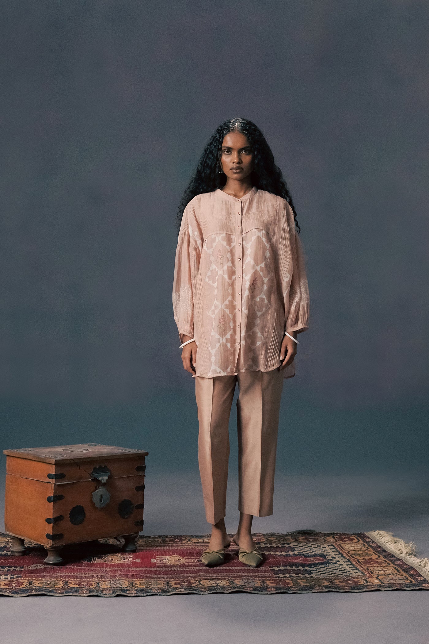 Elegant Mocha Mousse Mul Chanderi Pin Tuck Shirt & Silk Chanderi Pants Set