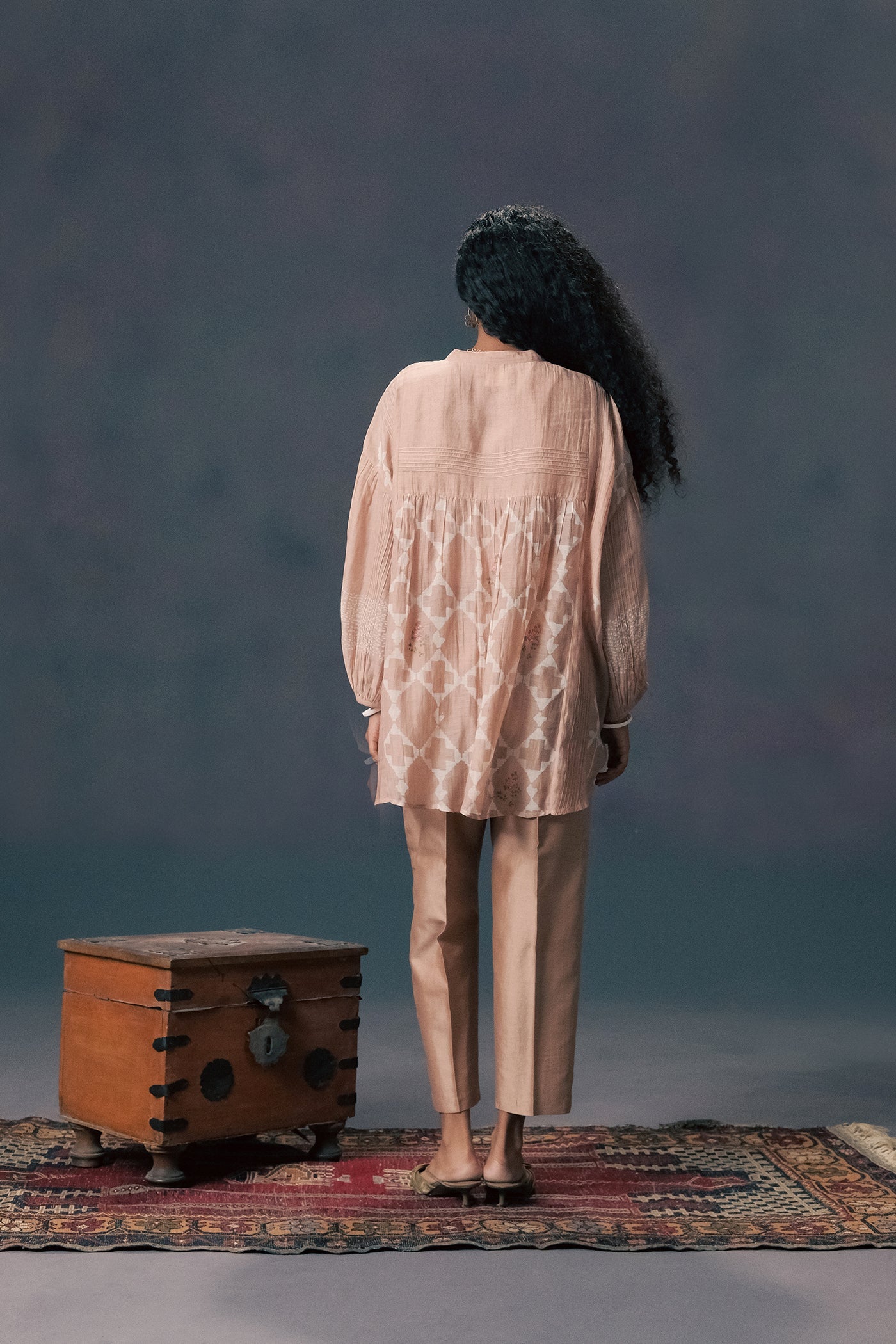 Elegant Mocha Mousse Mul Chanderi Pin Tuck Shirt & Silk Chanderi Pants Set