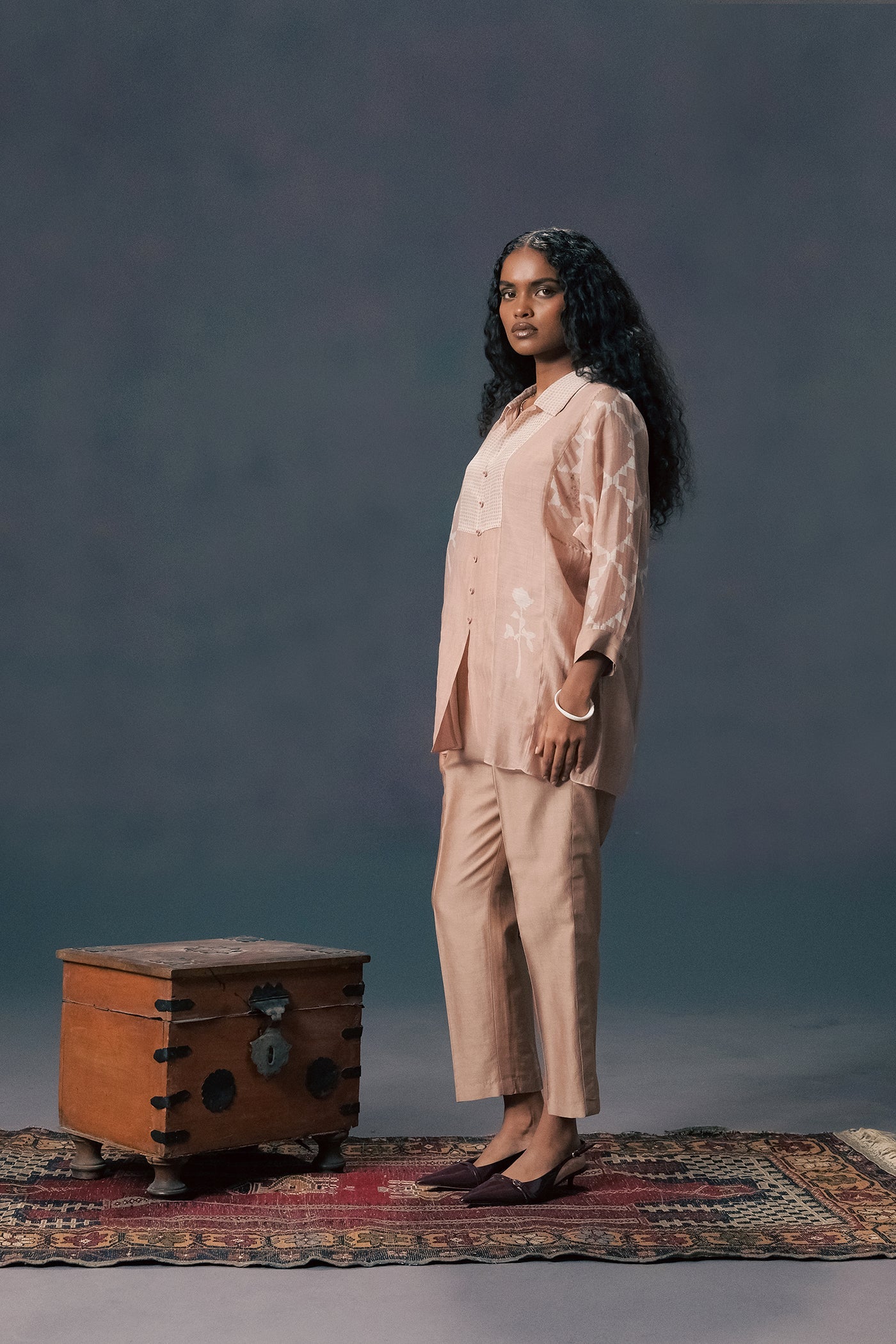 Mocha Mousse Discharge Print Mul Chanderi Shirt Silk Chanderi Pants Set