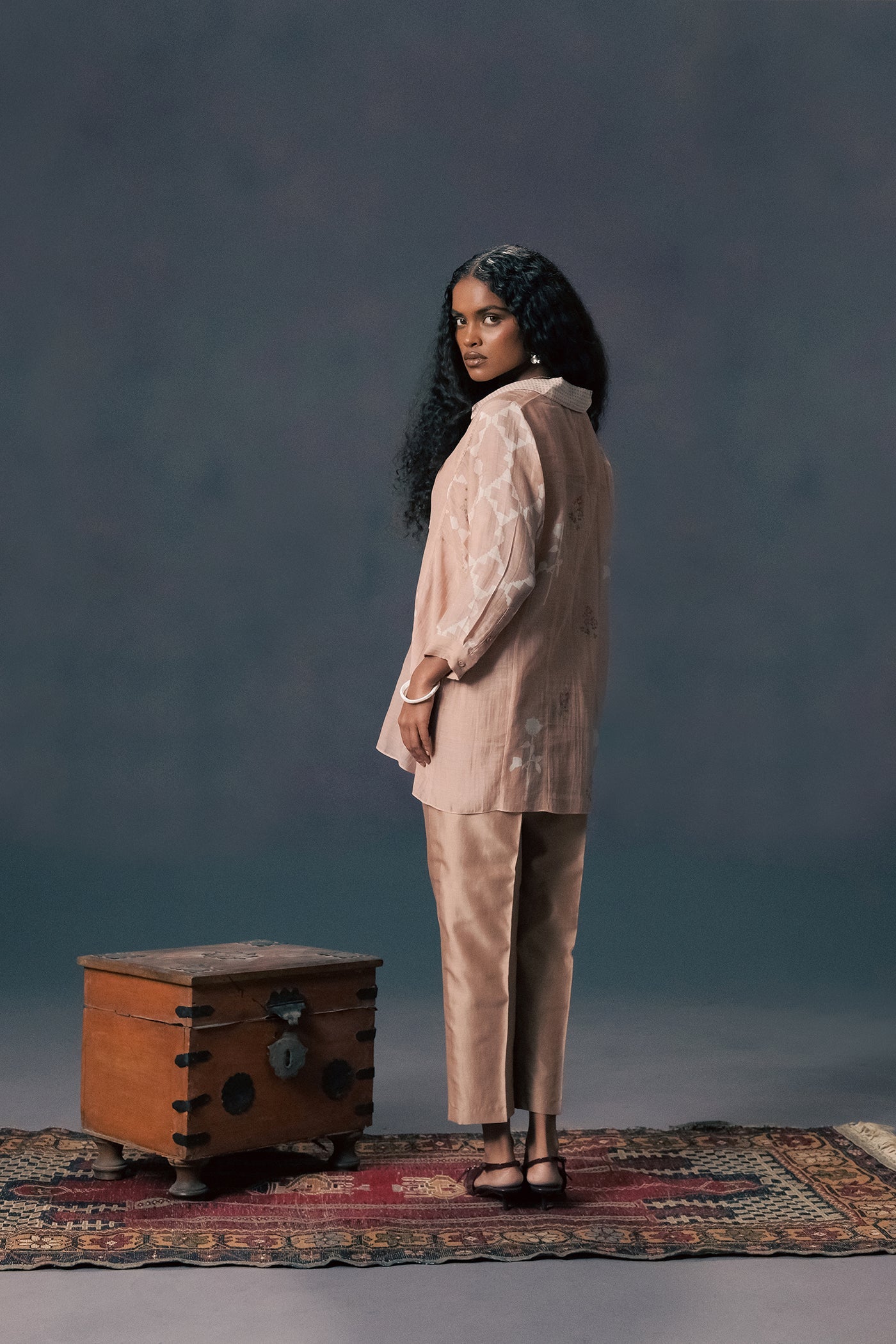 Mocha Mousse Discharge Print Mul Chanderi Shirt Silk Chanderi Pants Set