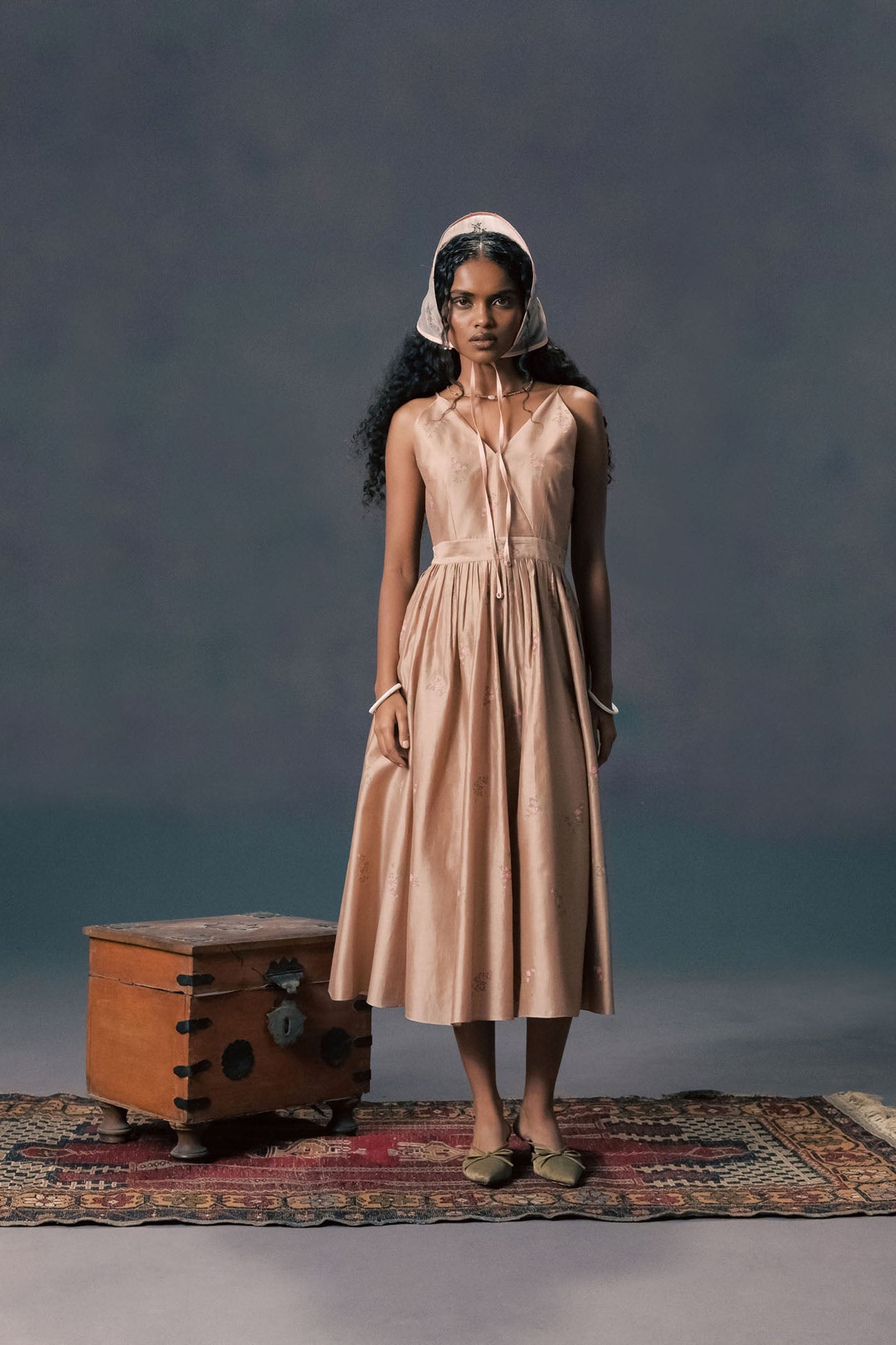 Mocha Mousse Scalloped Organza Jacket & Rose Print Silk Chanderi Dress