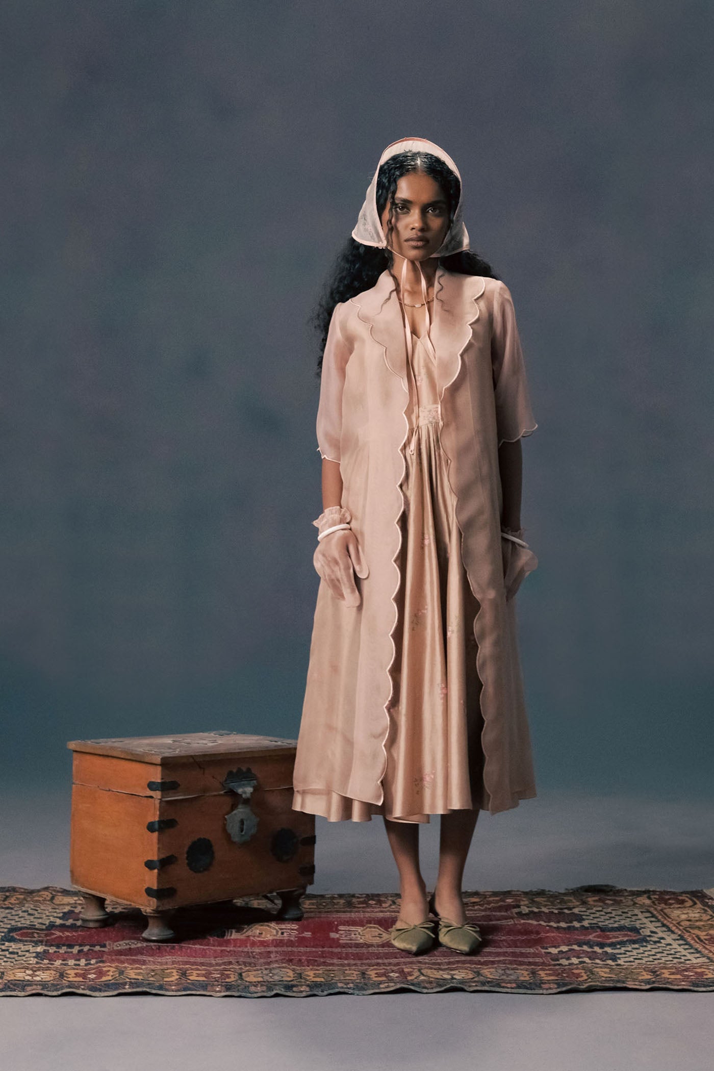 Mocha Mousse Scalloped Organza Jacket & Rose Print Silk Chanderi Dress