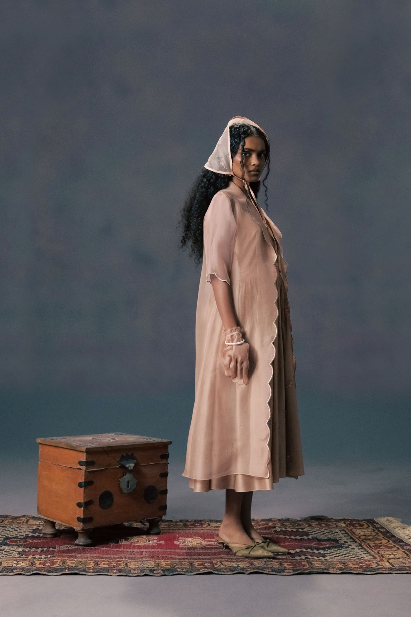 Mocha Mousse Scalloped Organza Jacket & Rose Print Silk Chanderi Dress