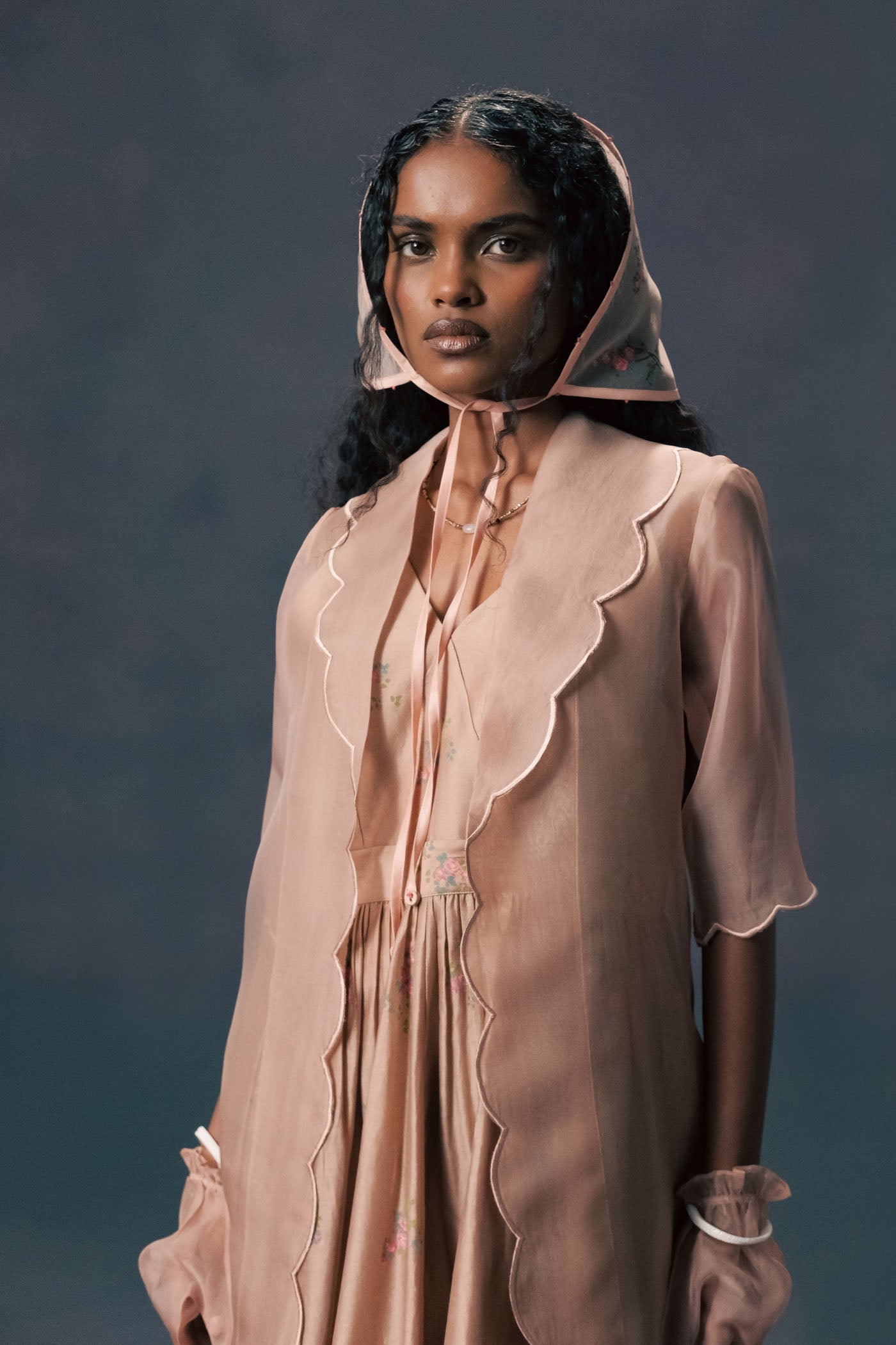 Mocha Mousse Scalloped Organza Jacket & Rose Print Silk Chanderi Dress