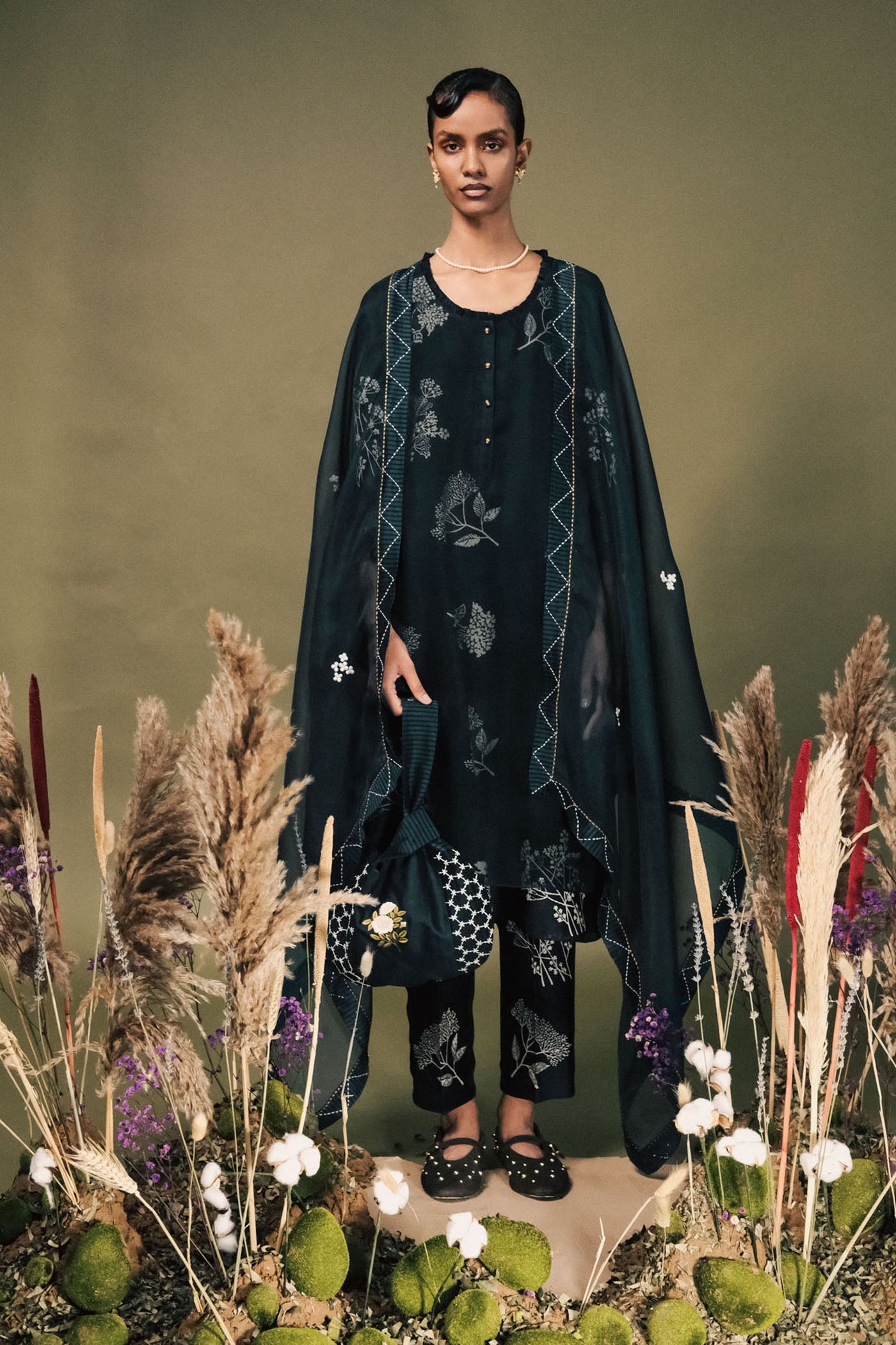 Elegant Indigo Discharge Print Silk Chanderi Tunic Set with Intricate Sleeve Embroidery