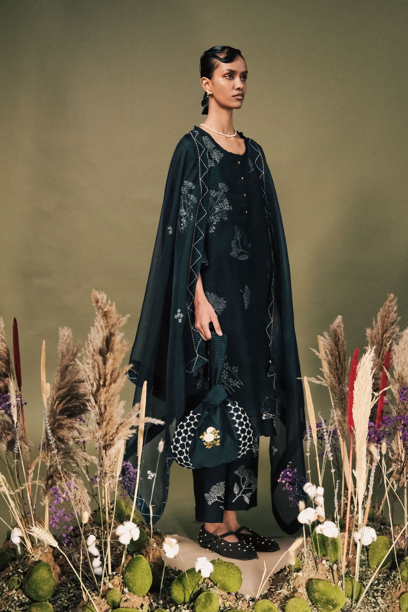 Elegant Indigo Discharge Print Silk Chanderi Tunic Set with Intricate Sleeve Embroidery