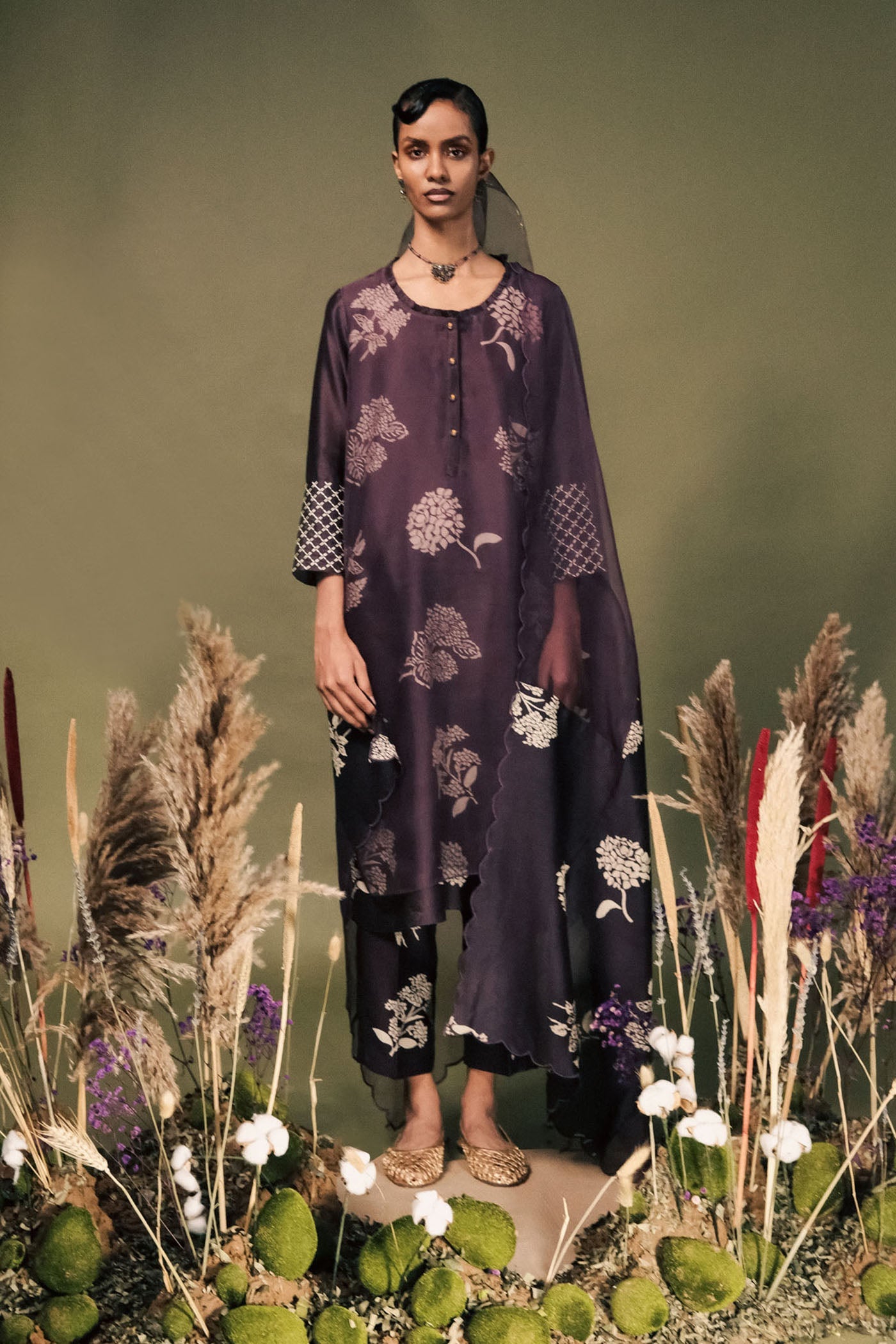 Exquisite Lavender Silk Tunic Set: Double Layer, Embroidered Sleeves, Discharge Print