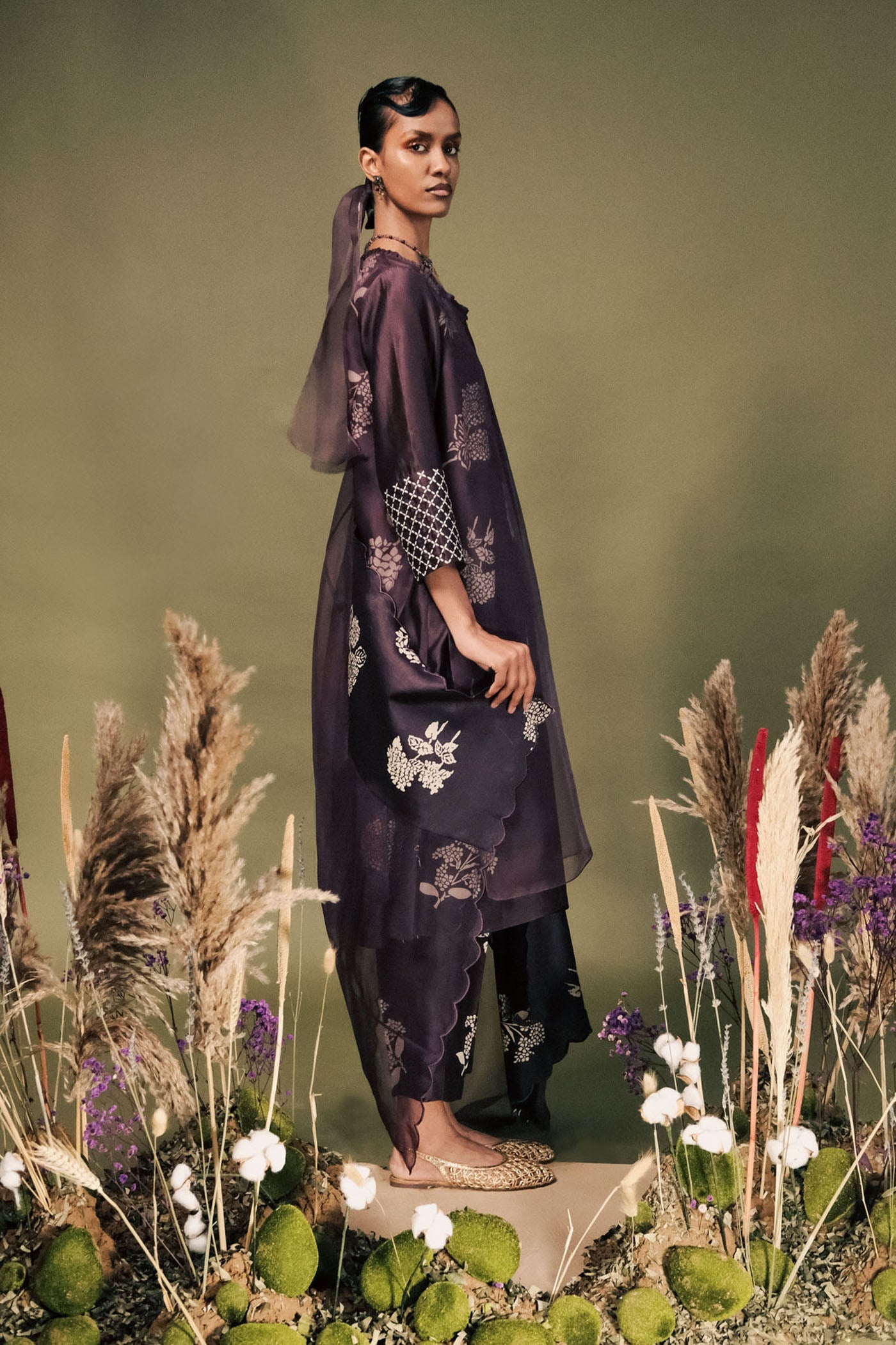 Exquisite Lavender Silk Tunic Set: Double Layer, Embroidered Sleeves, Discharge Print