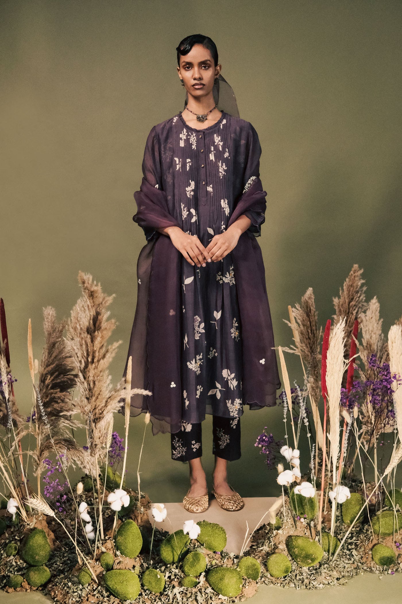 Elegant Lavender Mul Chanderi Pleated Tunic Set with Embroidered Sleeves & Print