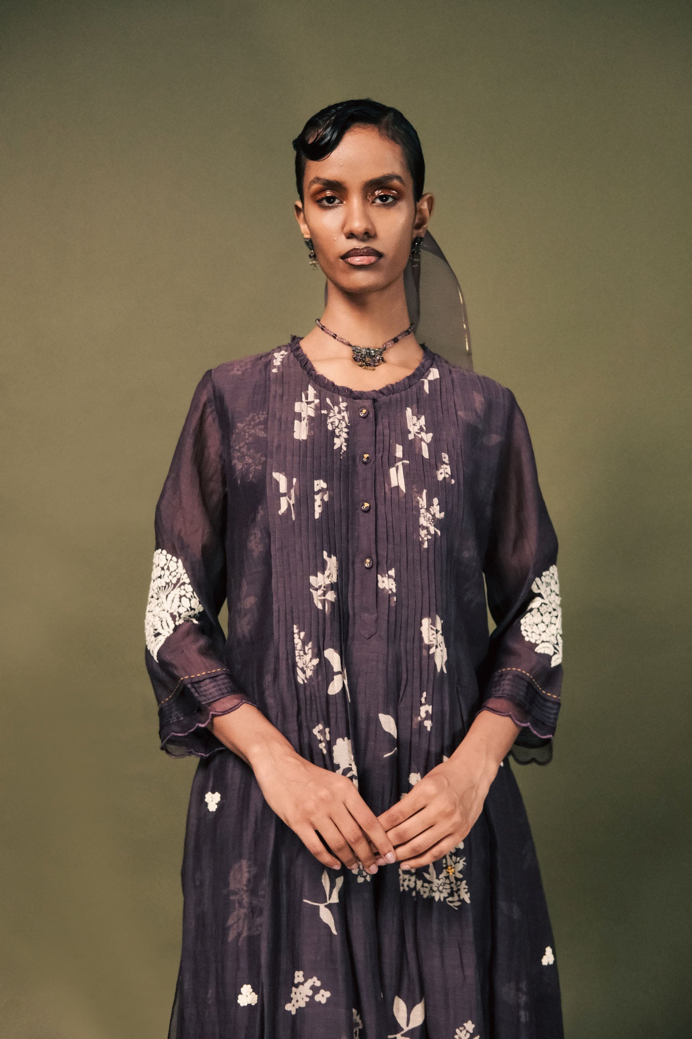 Elegant Lavender Mul Chanderi Pleated Tunic Set with Embroidered Sleeves & Print
