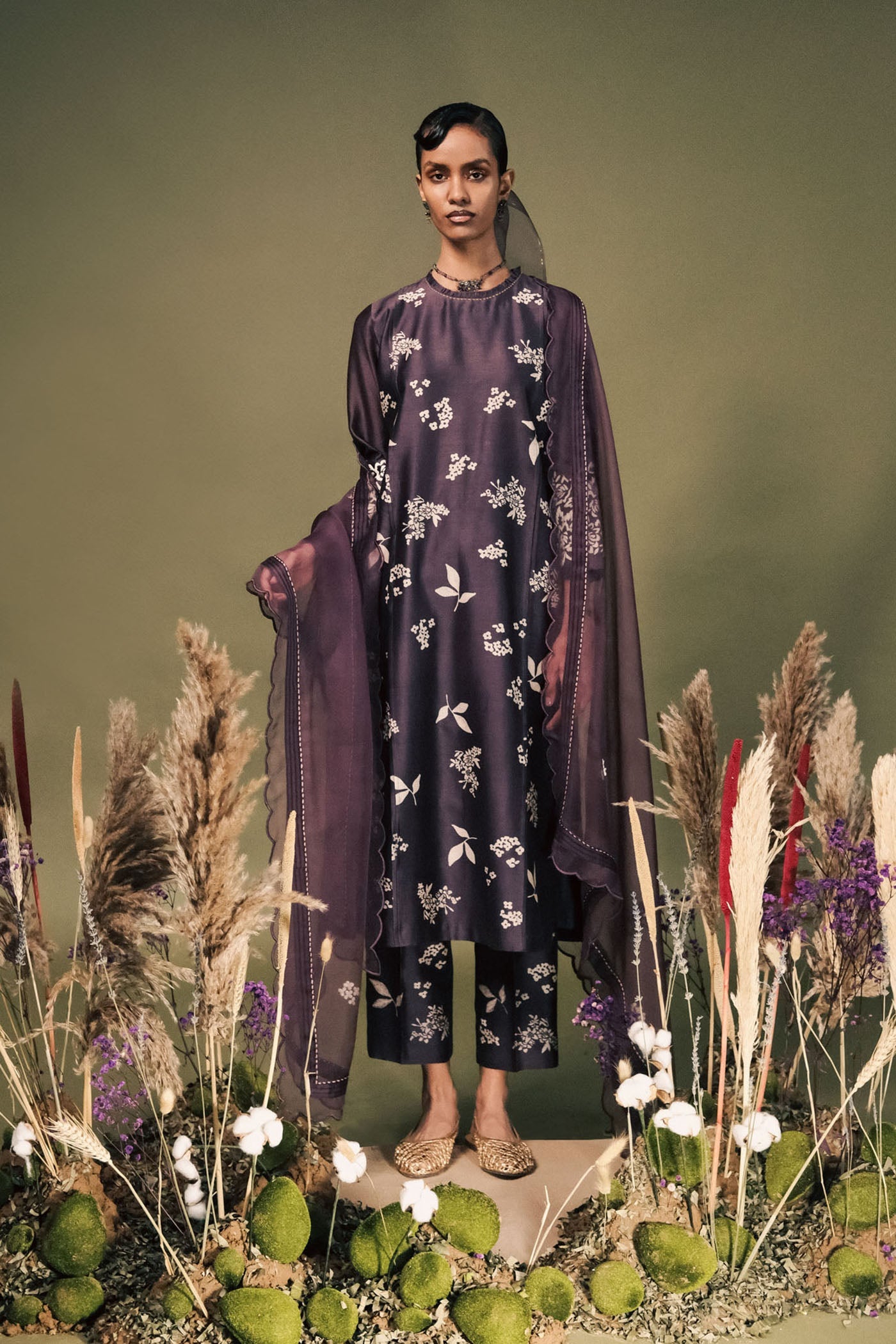 Elegant Lavender Silk Chanderi Tunic Set with Organza Dupatta, Pleated Design