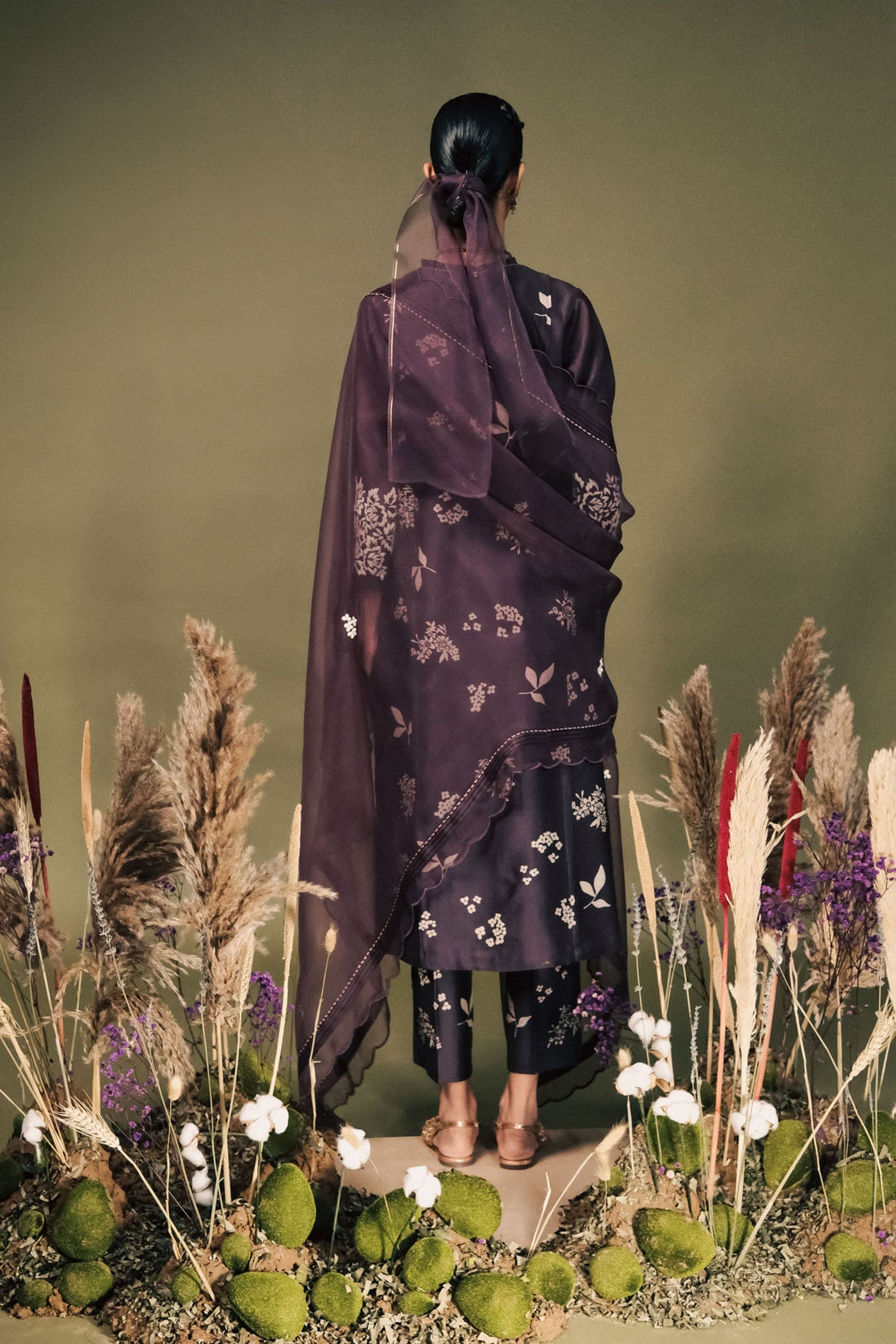 Elegant Lavender Silk Chanderi Tunic Set with Organza Dupatta, Pleated Design