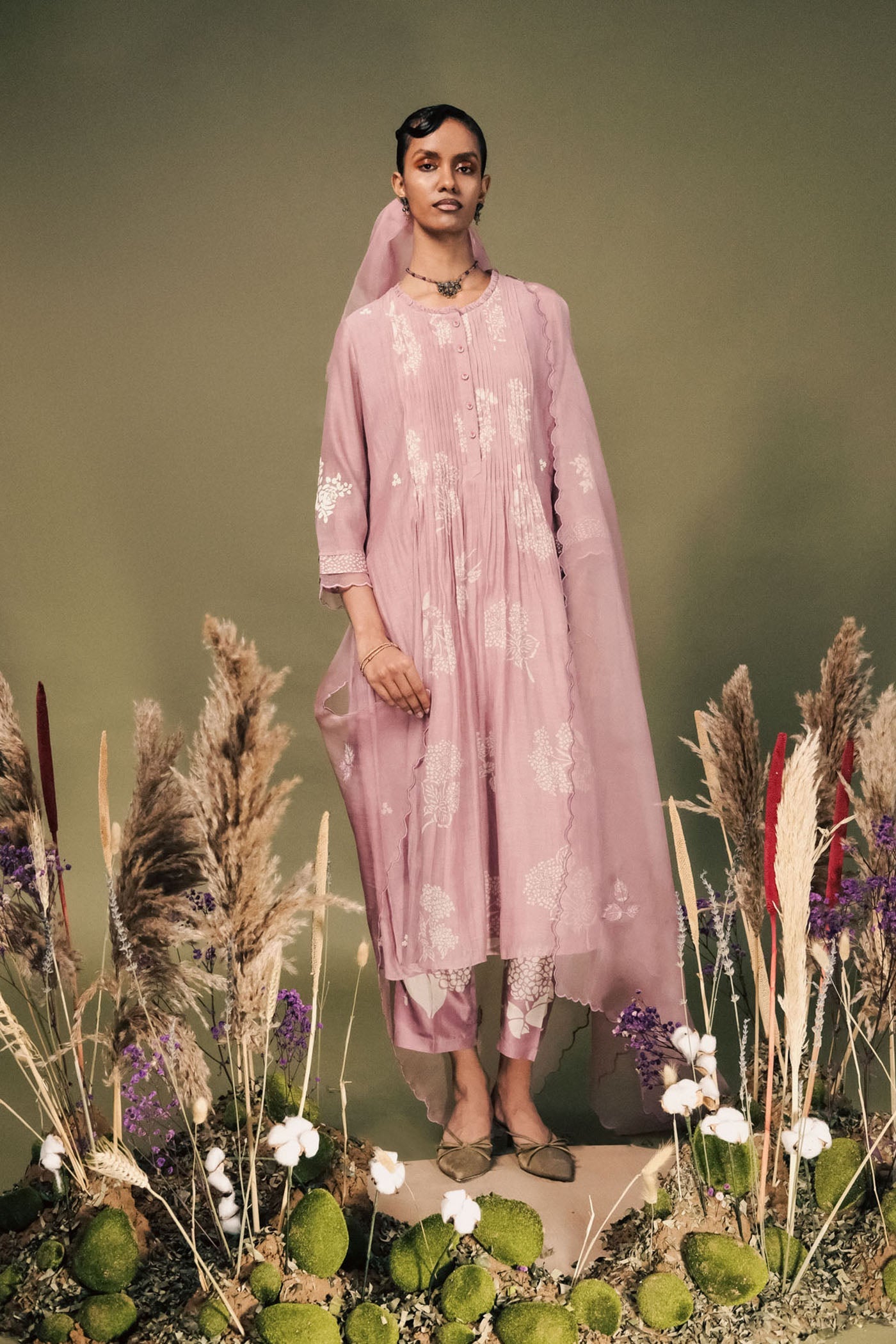 Elegant Lilac Mul Chanderi Pleated Tunic Set, Embroidered Sleeves, Organza Dupatta