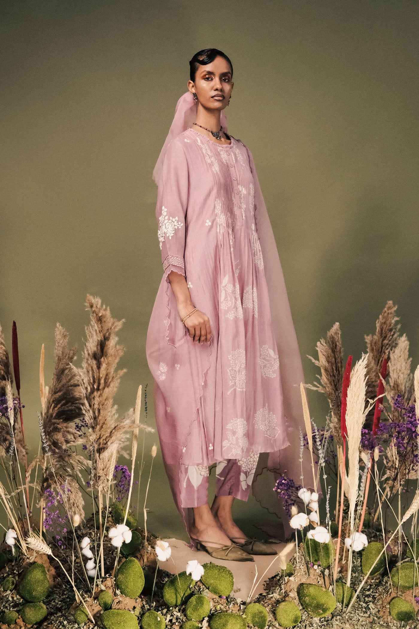 Elegant Lilac Mul Chanderi Pleated Tunic Set, Embroidered Sleeves, Organza Dupatta