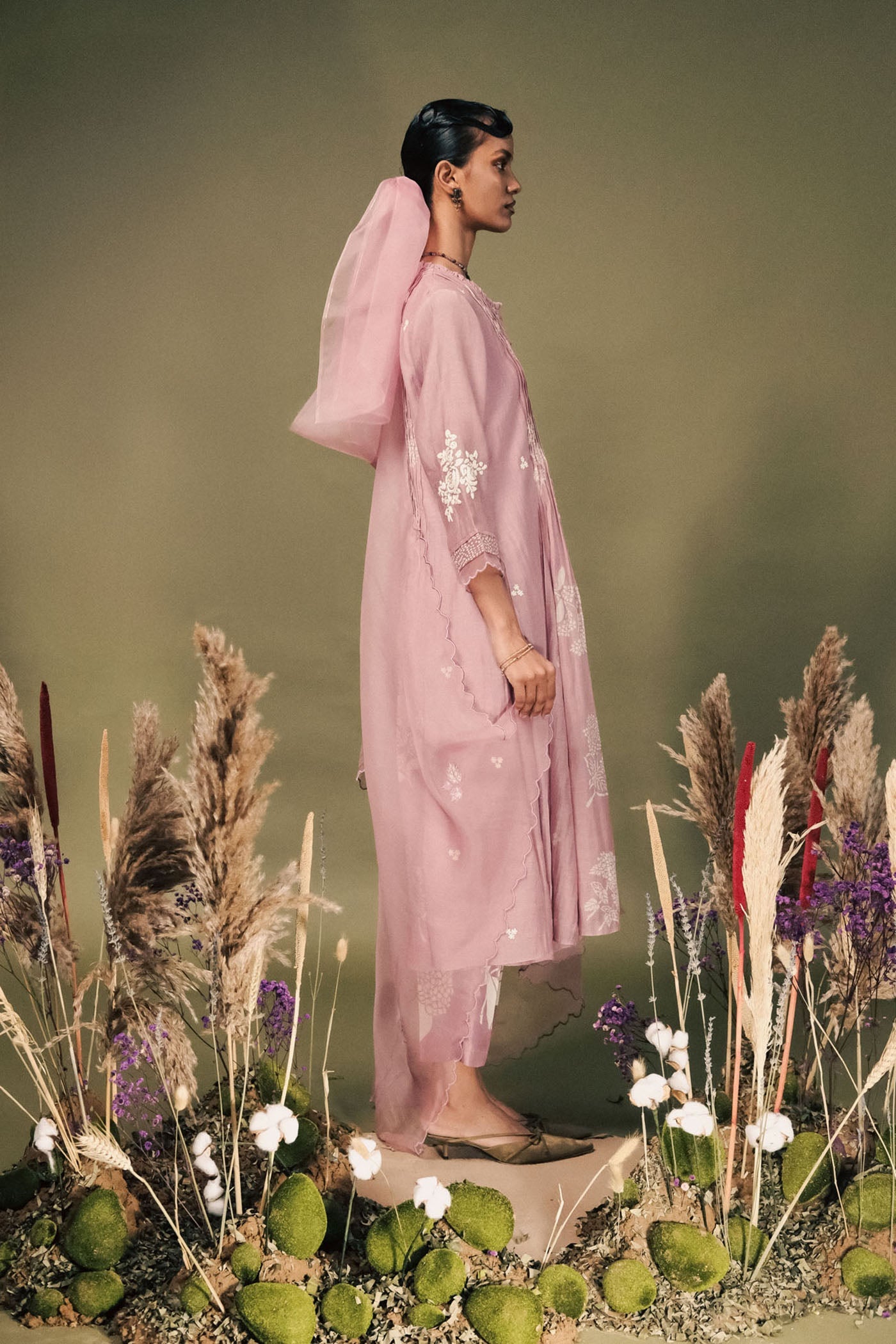 Elegant Lilac Mul Chanderi Pleated Tunic Set, Embroidered Sleeves, Organza Dupatta