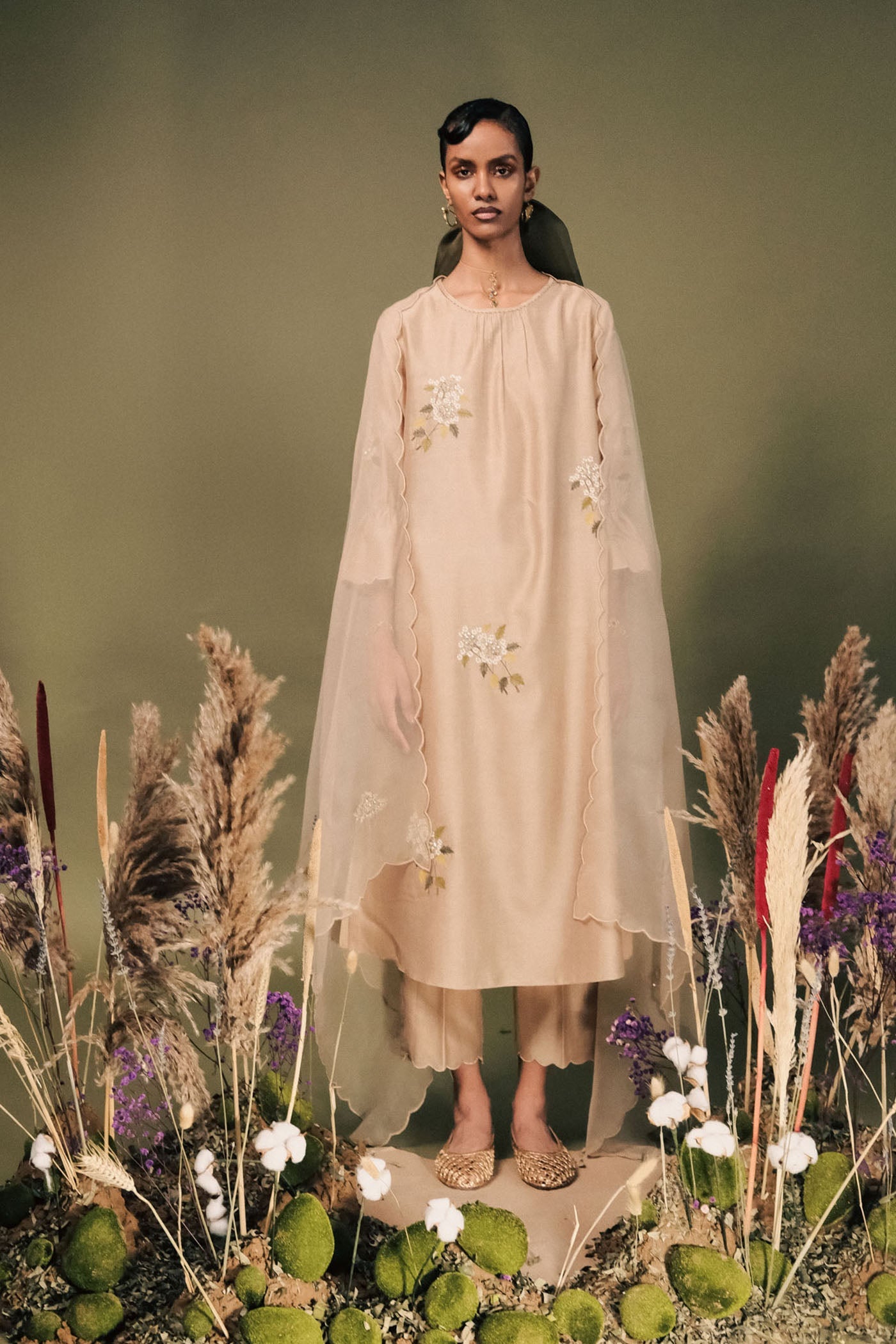 Elegant Beige Embroidered Silk Chanderi Tunic Set with Scalloped Organza Dupatta