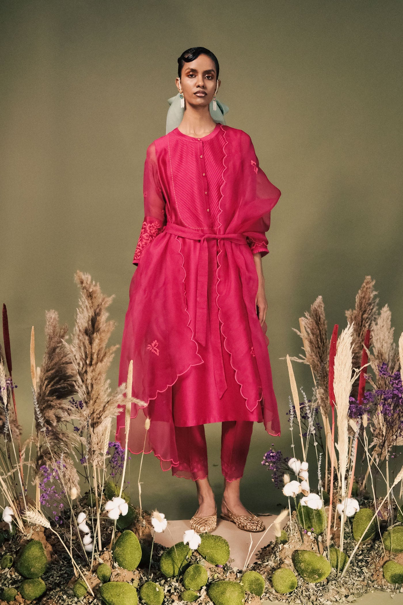 Luxurious Fuchsia Silk Chanderi Tunic Set with Dori Embroidery & Organza Dupatta