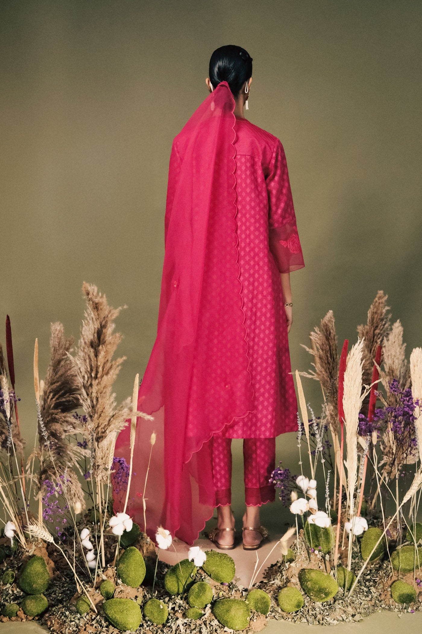 Luxurious Fuchsia Banarsi Brocade Tunic Set with Intricate Embroidered Sleeves