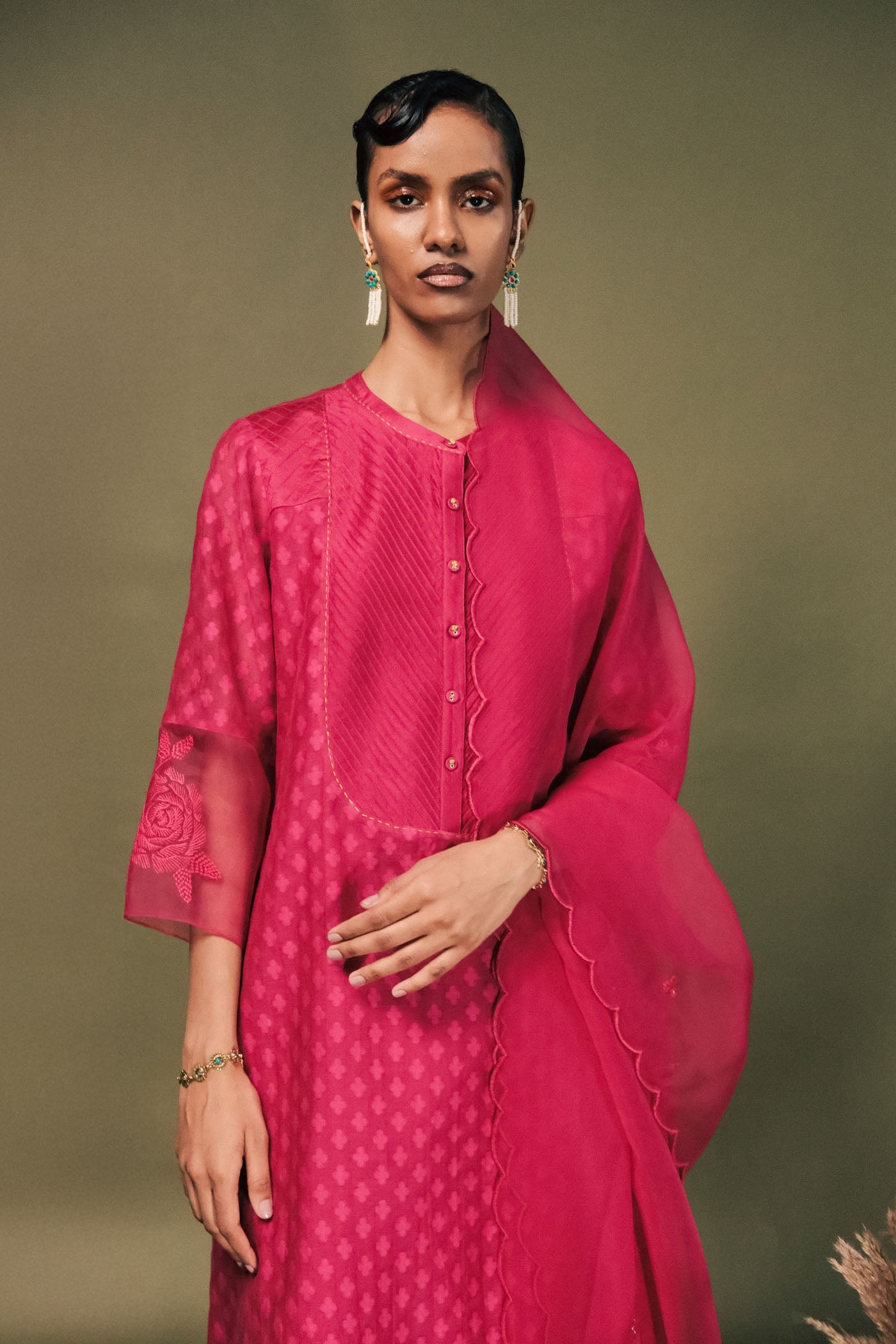 Luxurious Fuchsia Banarsi Brocade Tunic Set with Intricate Embroidered Sleeves