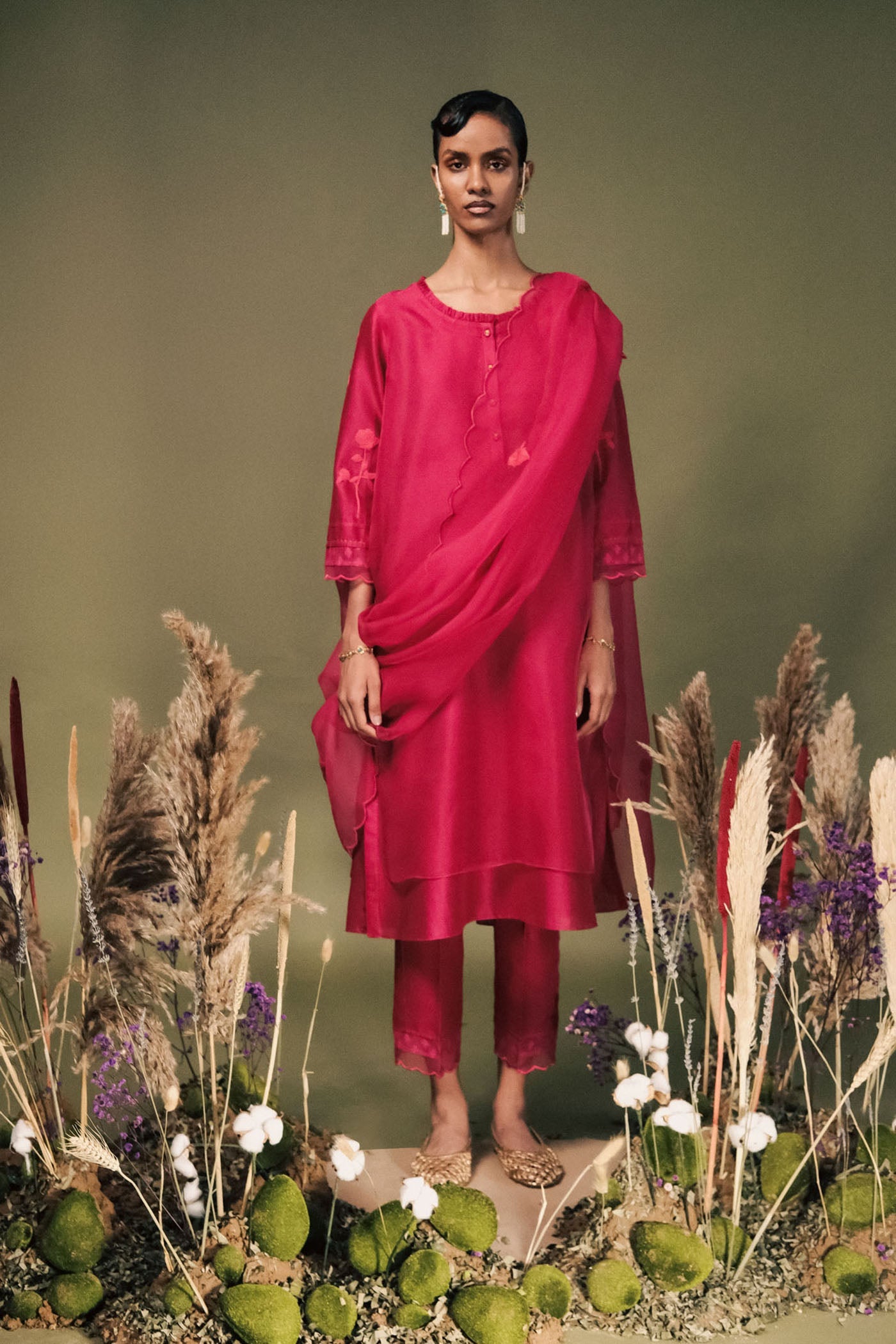 Radiant Fuchsia Silk Chanderi Tunic Set with Dori Embroidery & Organza Dupatta