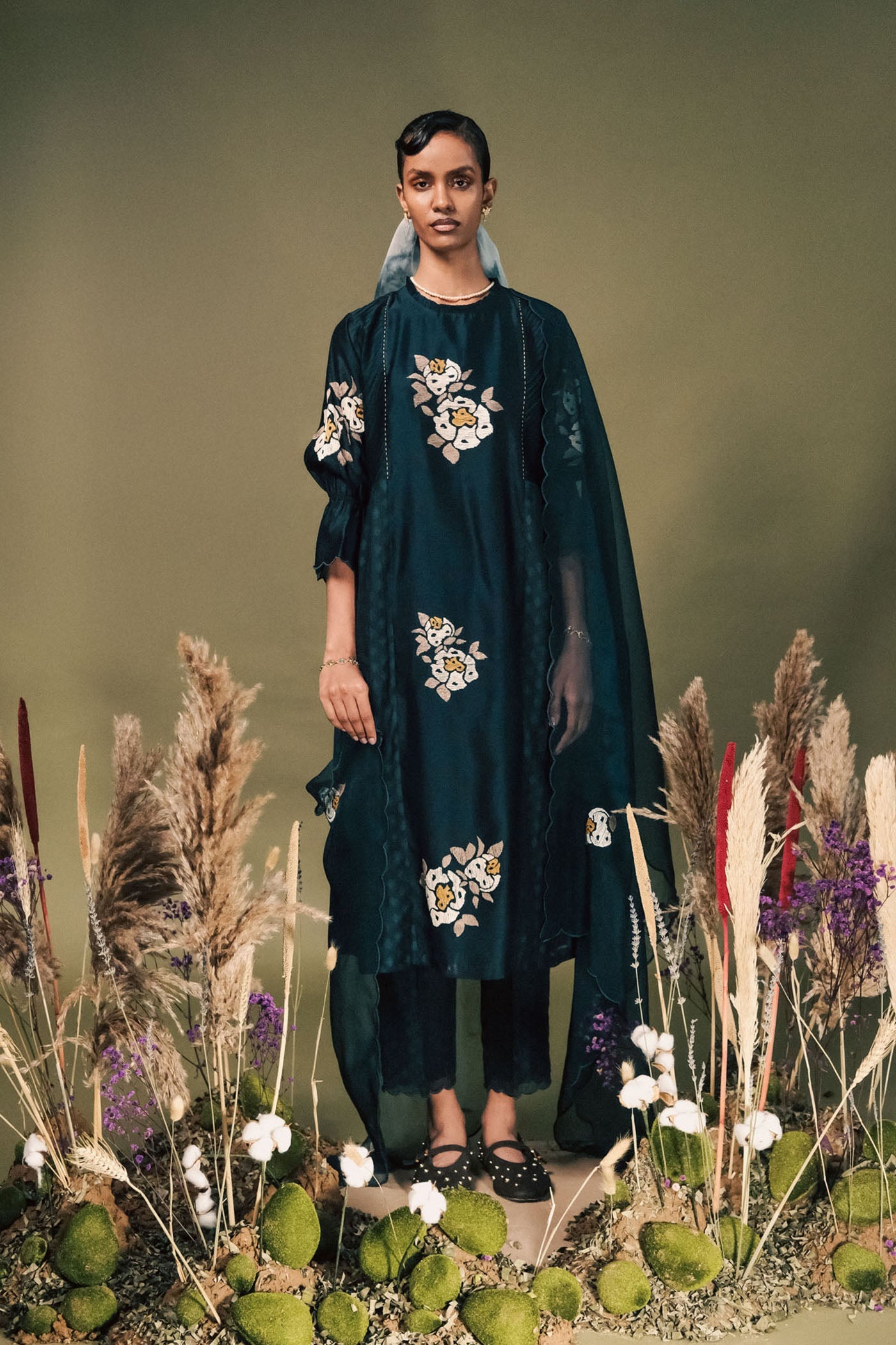 Luxurious Indigo Embroidered Brocade Silk Chanderi Tunic Set with Dupatta