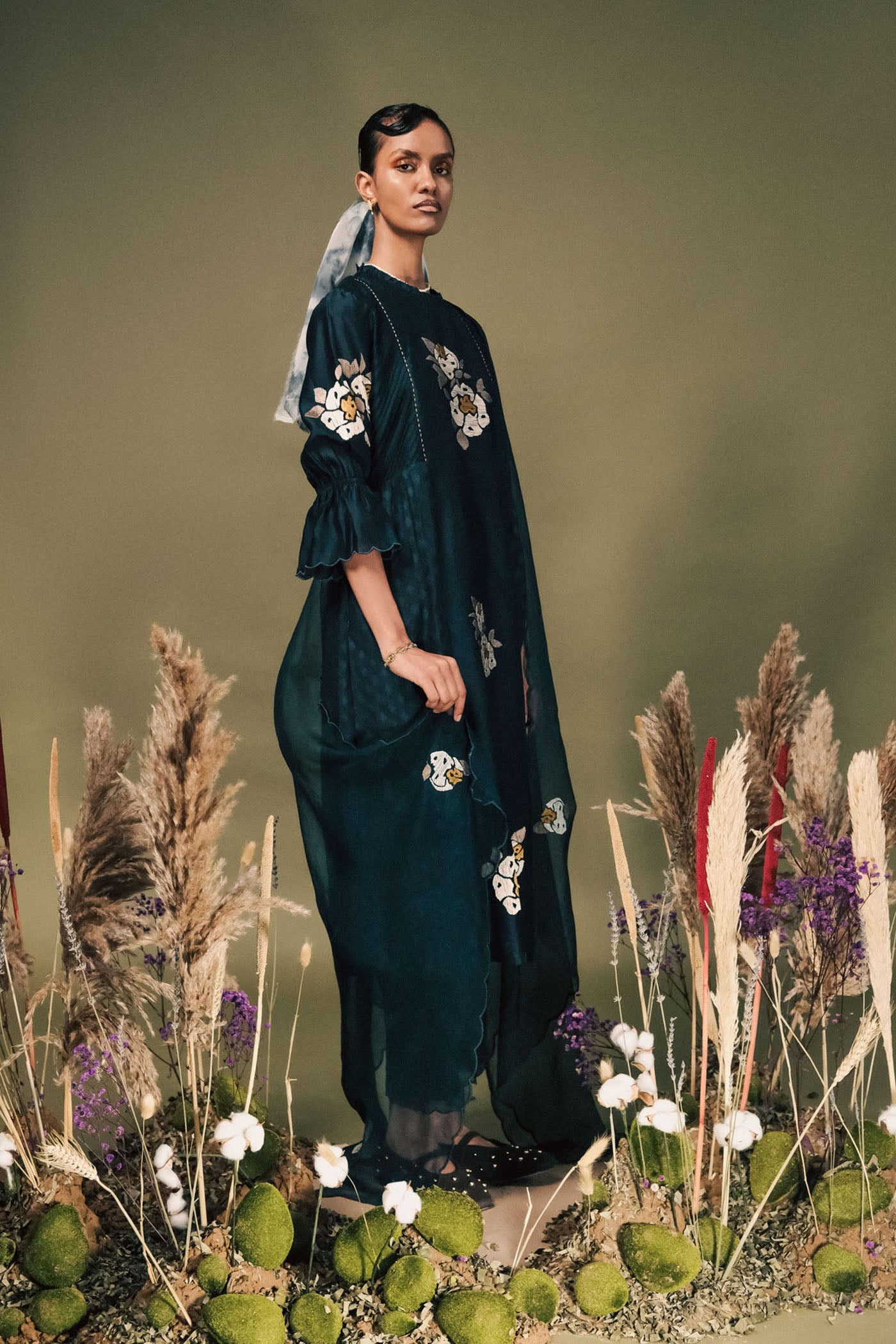 Luxurious Indigo Embroidered Brocade Silk Chanderi Tunic Set with Dupatta