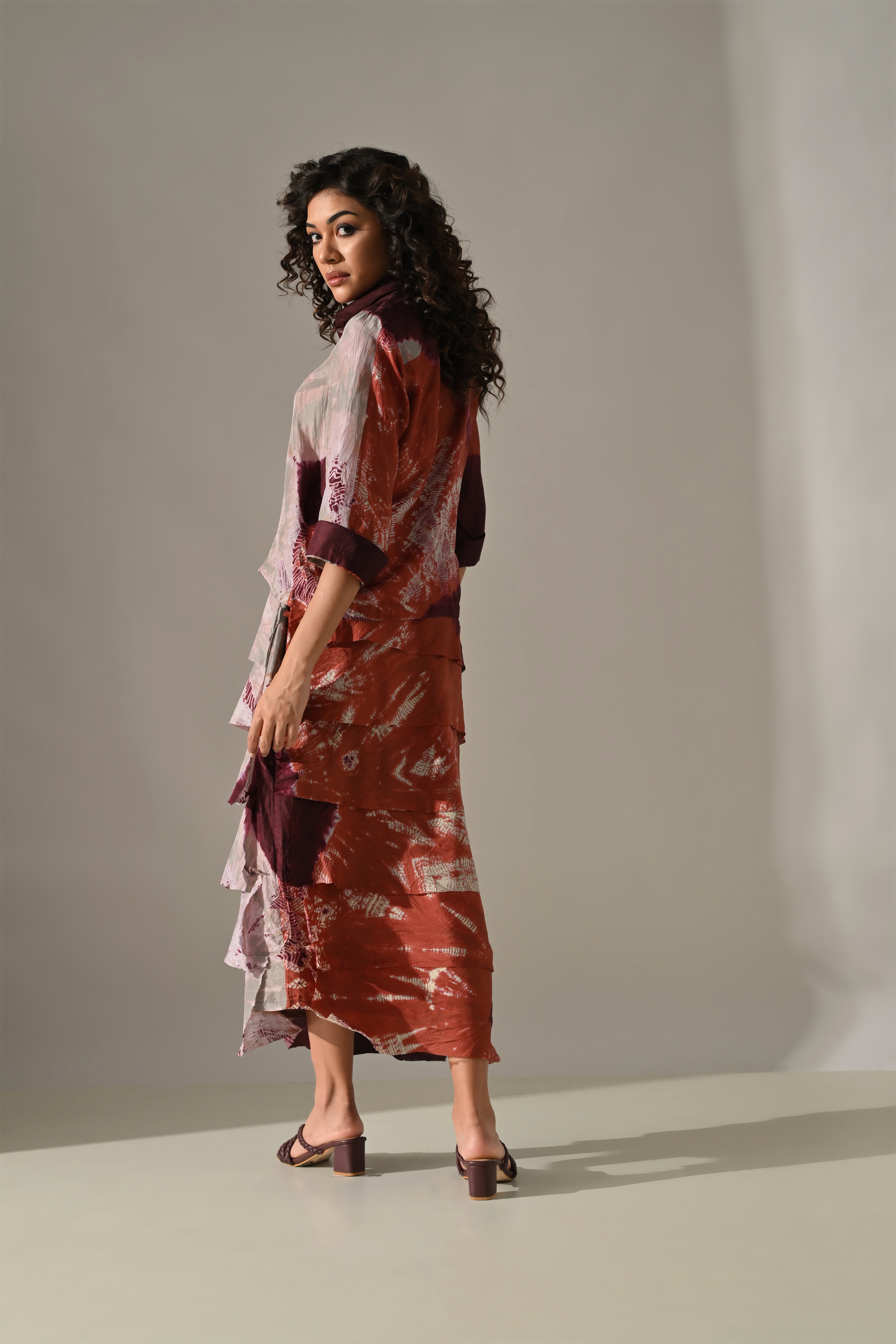 Light Grey Maroon Placement Tie Dye Skirt Set