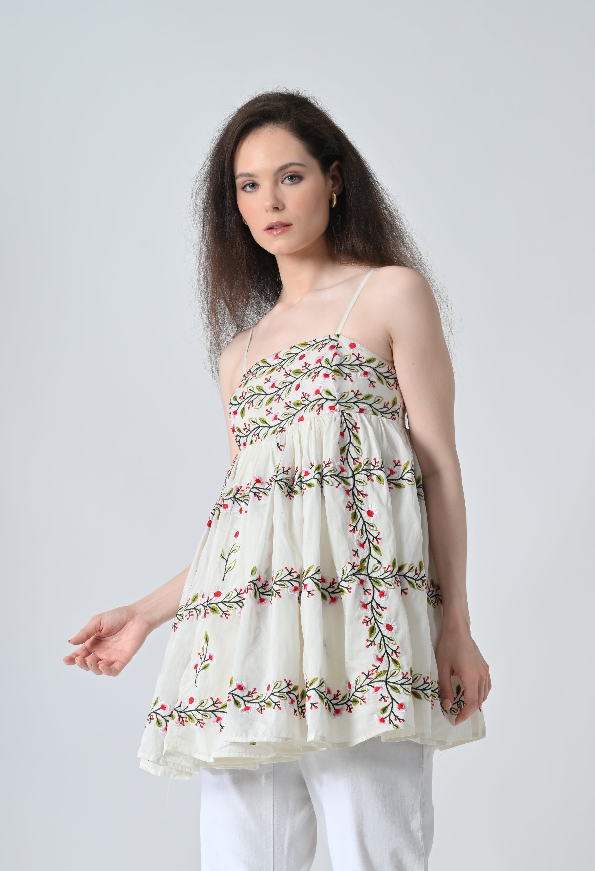Ivory Vine Embroidered Tiered Top