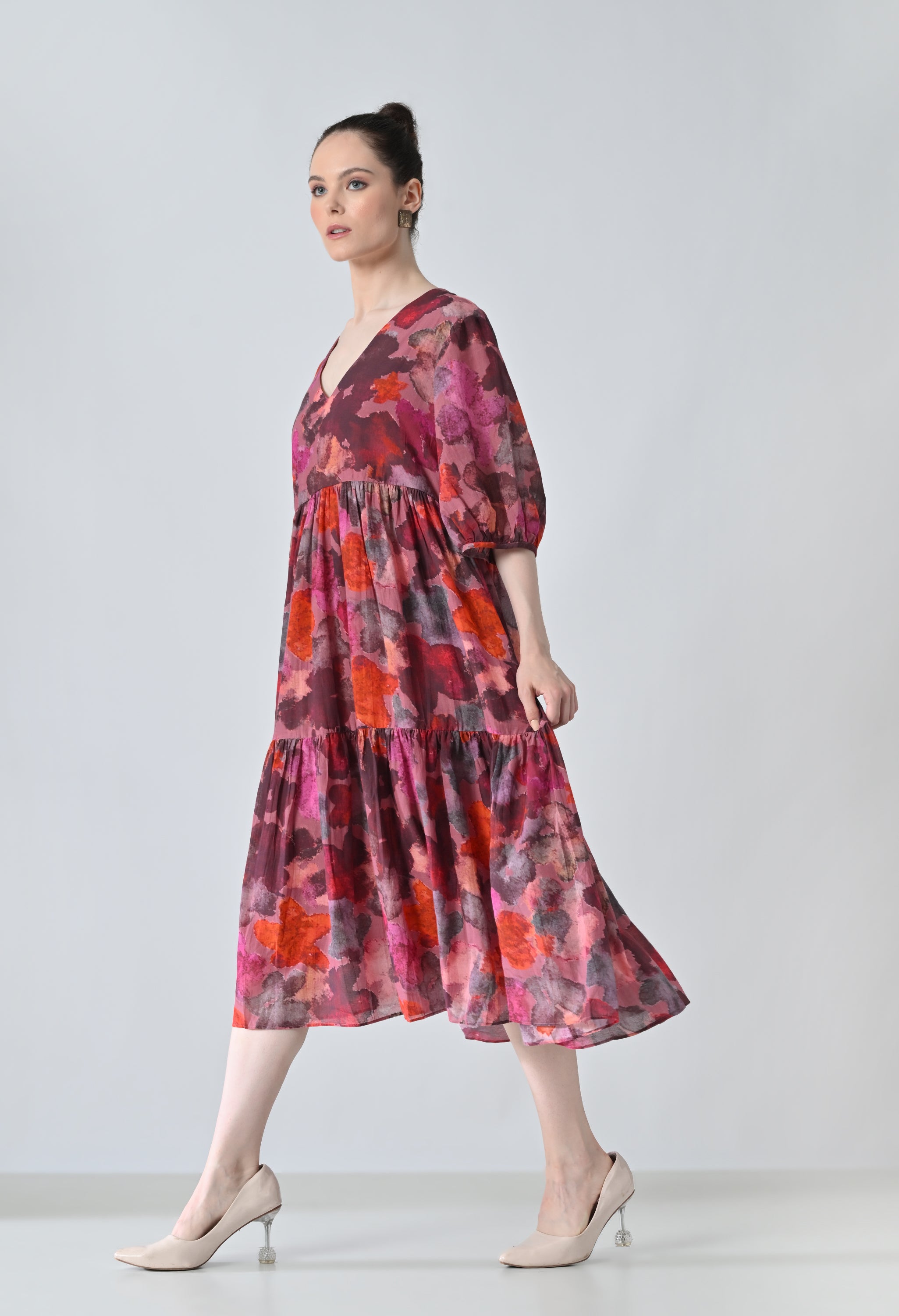 Crimson Red Bloom Multi Printed Tiered Dress