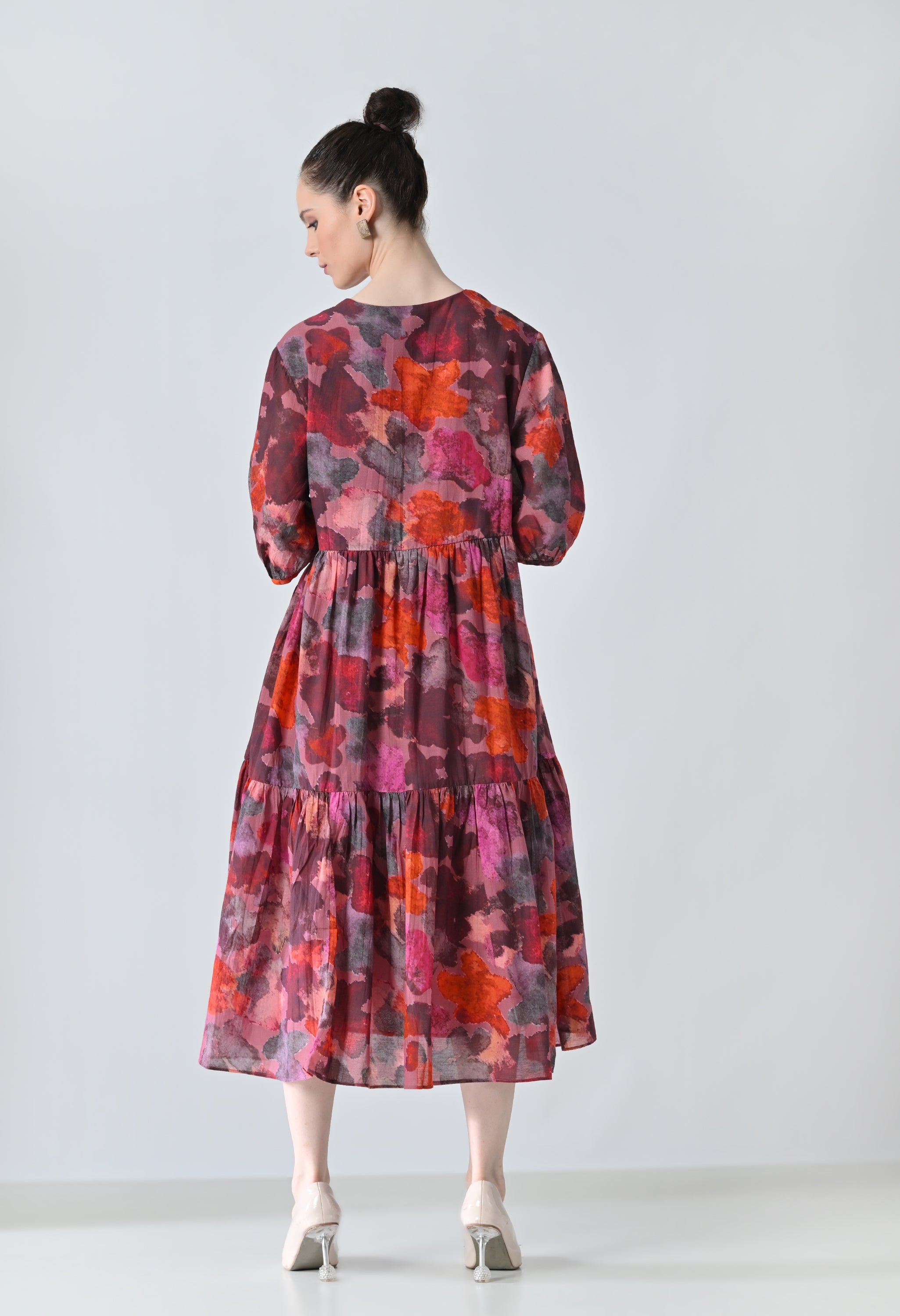 Crimson Red Bloom Multi Printed Tiered Dress