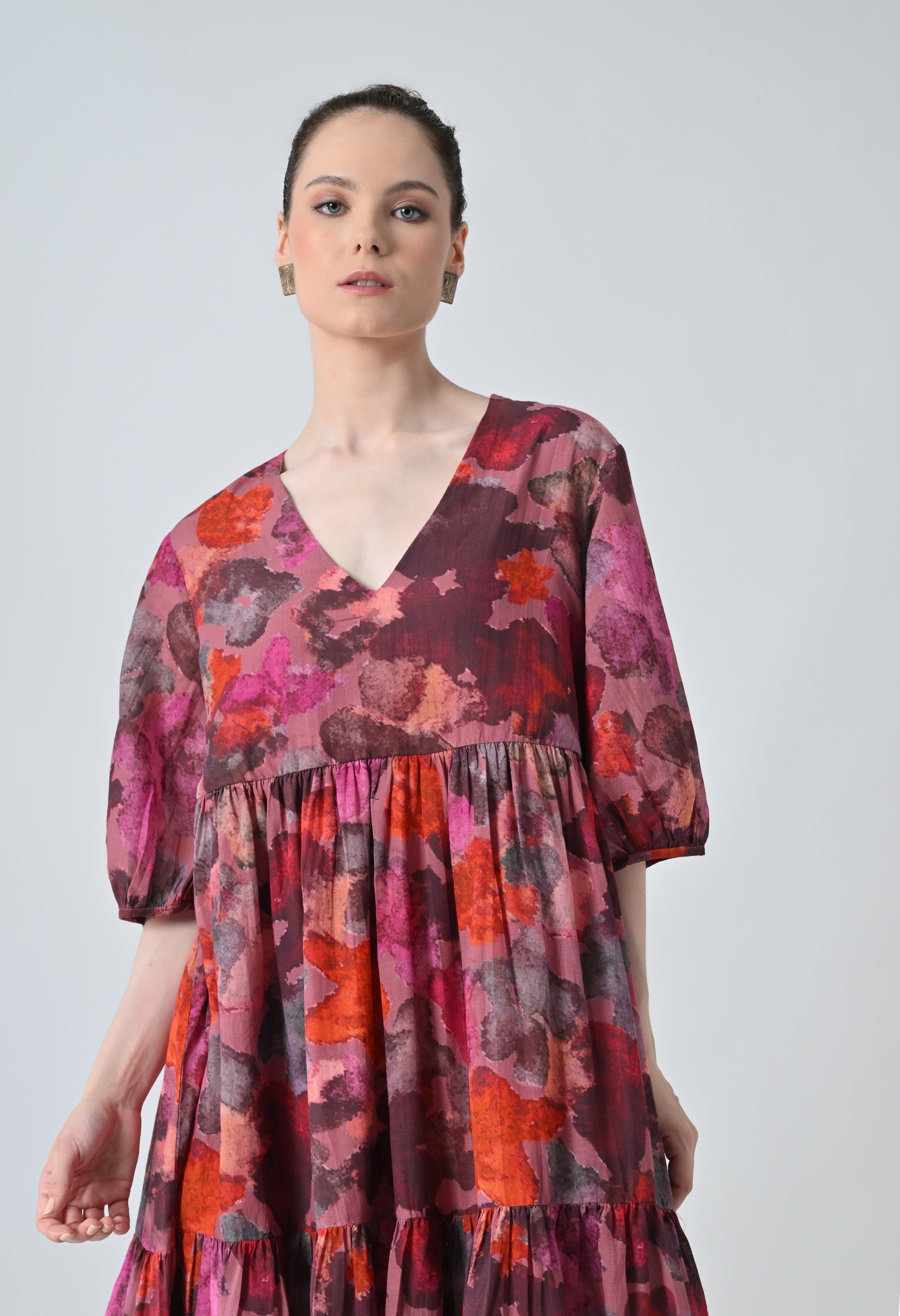 Crimson Red Bloom Multi Printed Tiered Dress